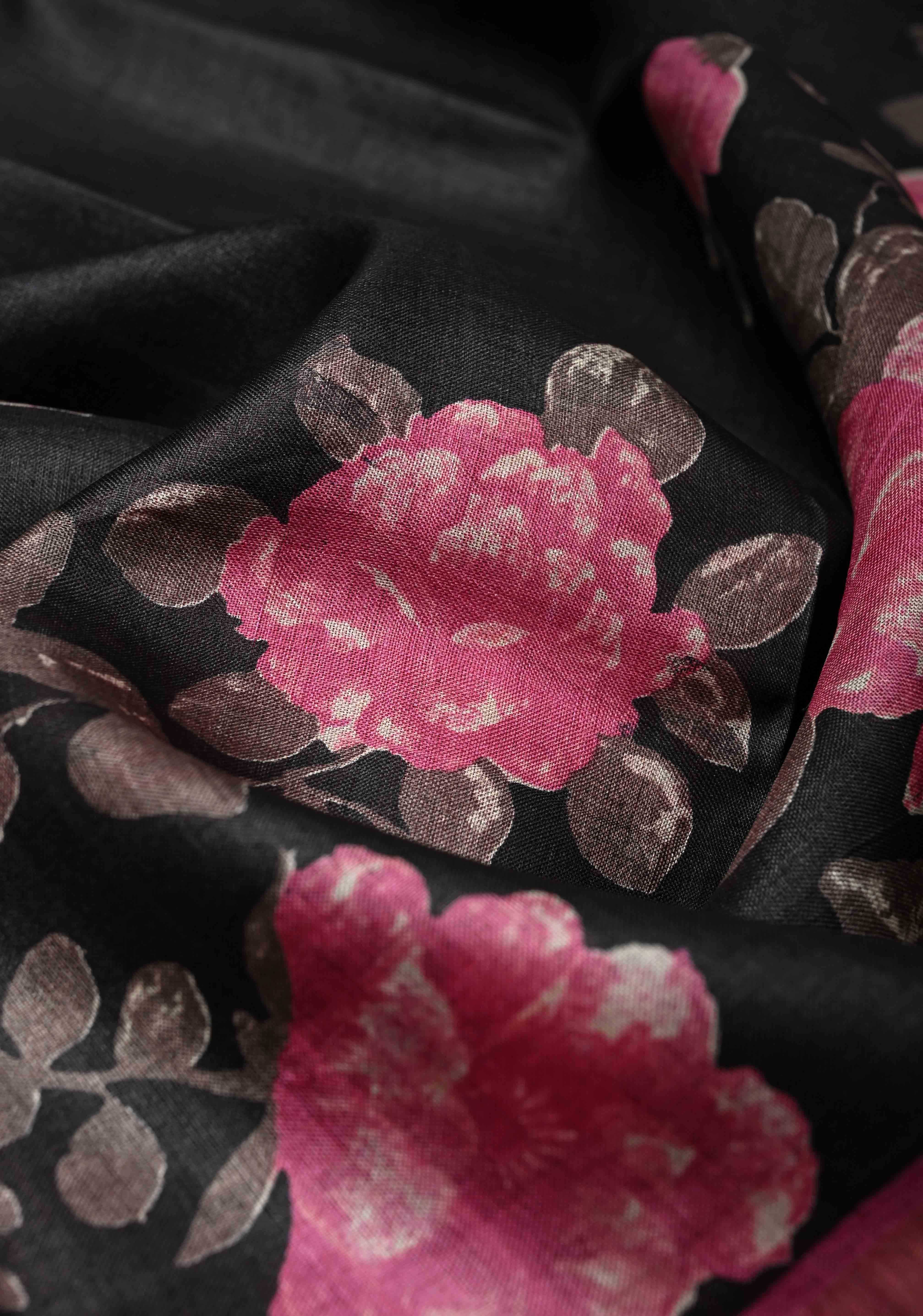 Jari Tussar Silk Saree in Black with Floral Digital Print Above Contrast zari Border | SILK MARK CERTIFIED | Shobitam