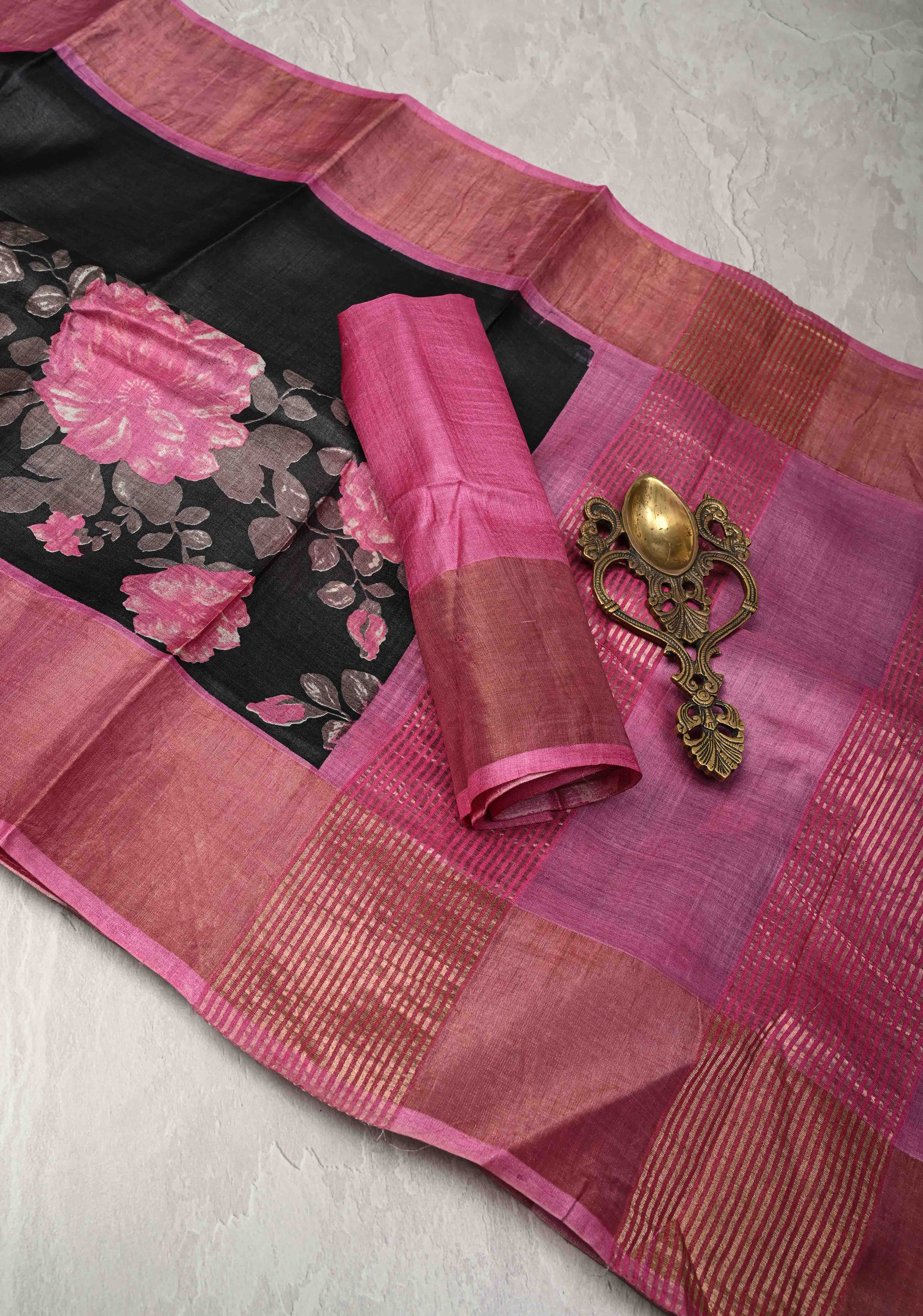 Jari Tussar Silk Saree in Black with Floral Digital Print Above Contrast zari Border | SILK MARK CERTIFIED | Shobitam