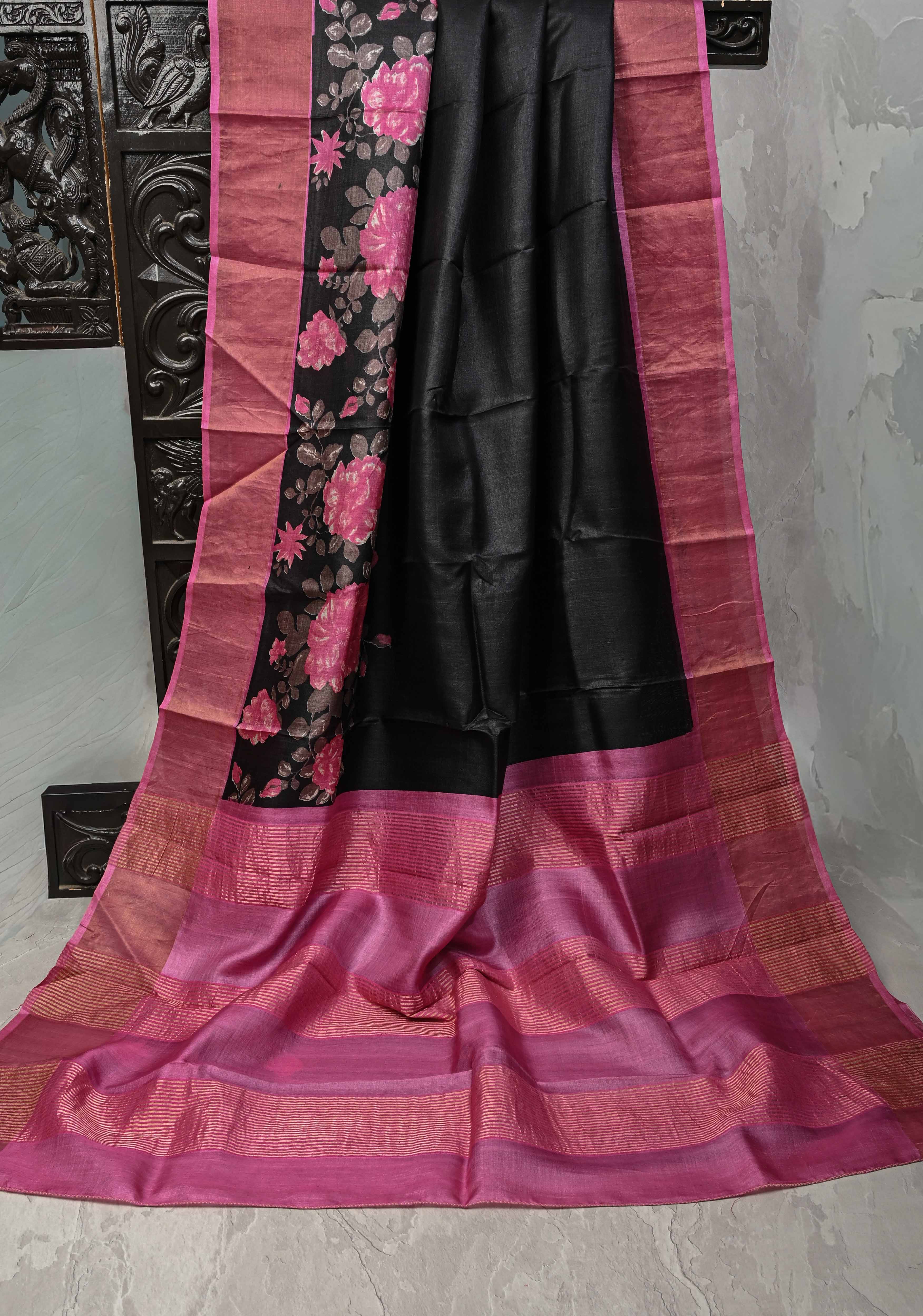 Jari Tussar Silk Saree in Black with Floral Digital Print Above Contrast zari Border | SILK MARK CERTIFIED | Shobitam