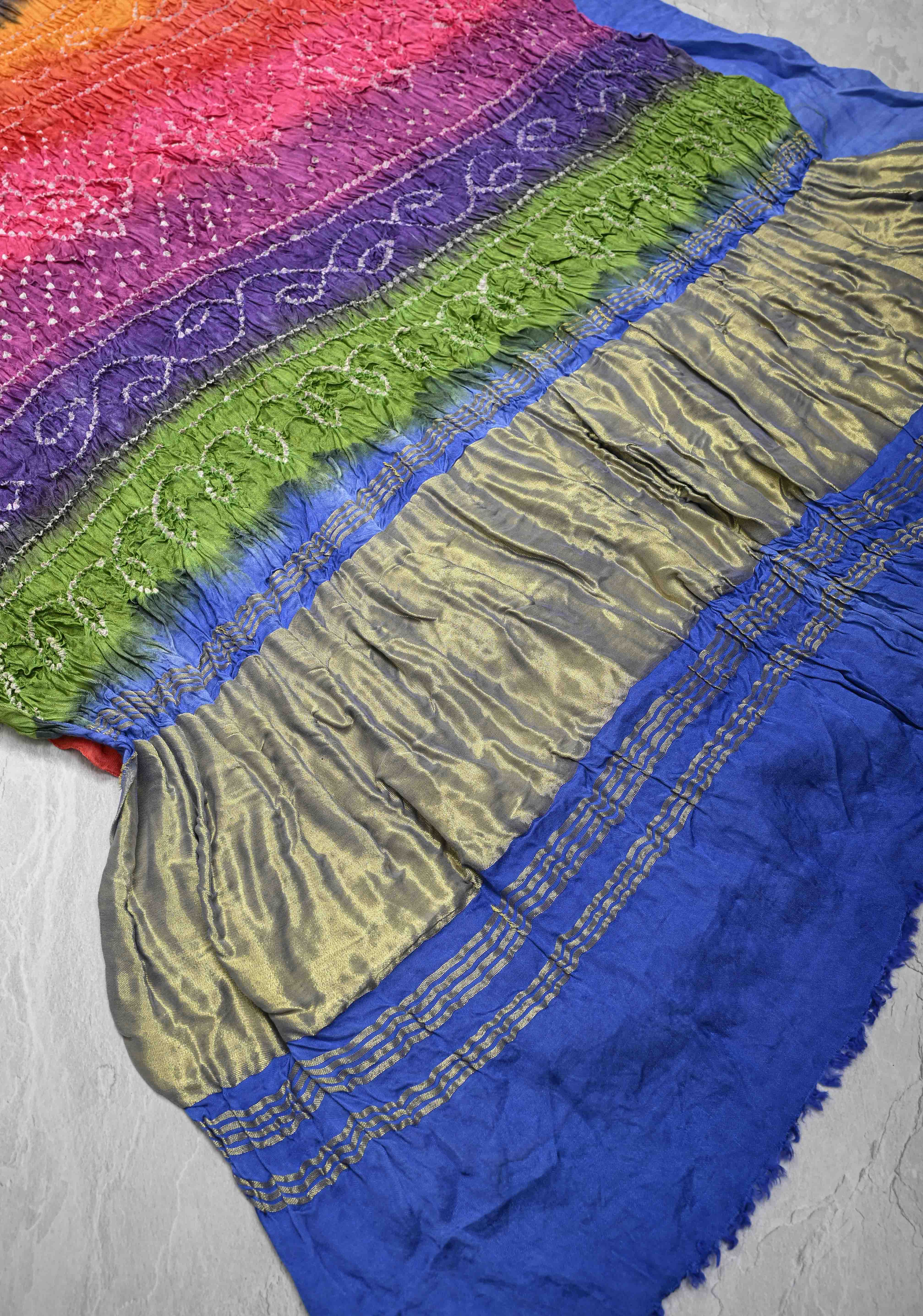 Dark Periwinkle Hand Shibori Mandala Dye and Bandhej Design on Modal Silk Saree with Satharangi Pallu | Shobitam