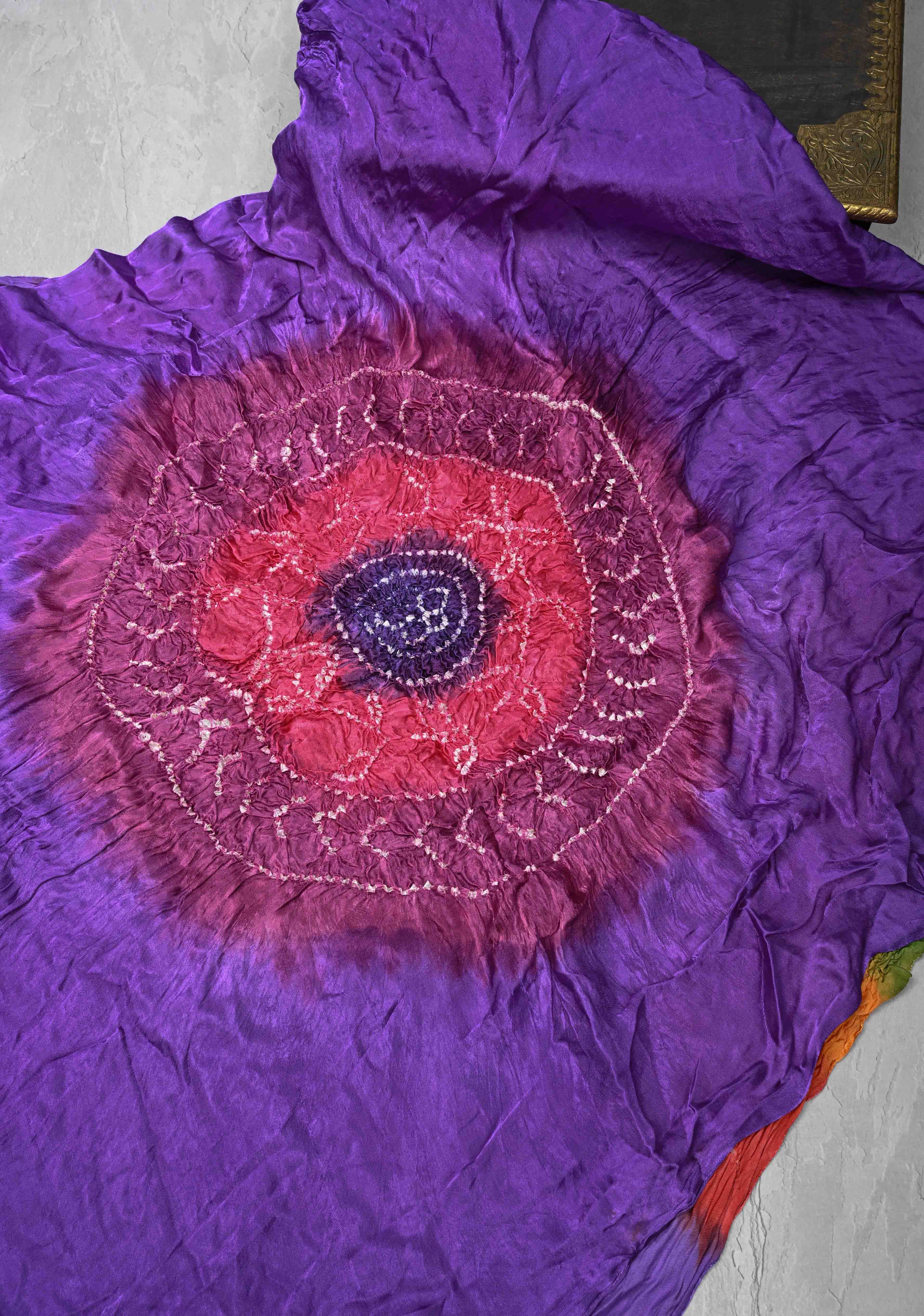 Purple Hand Shibori Mandala Dye and Bandhej Design on Modal Silk Saree with crushed Pallu | Shobitam