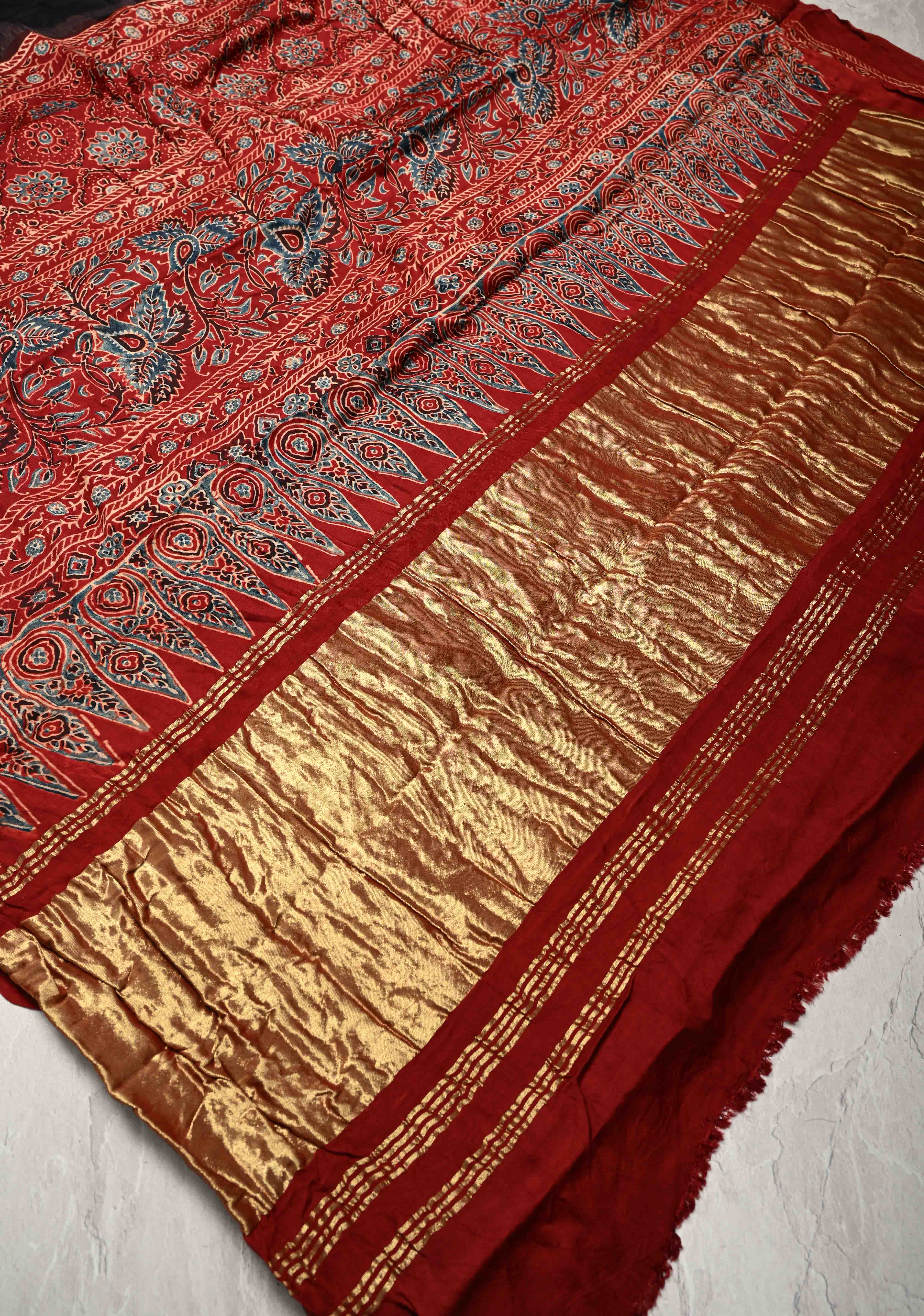 Black Modal Silk Saree with Ajrakh Hand Block Print with crushed Pallu | Shobitam