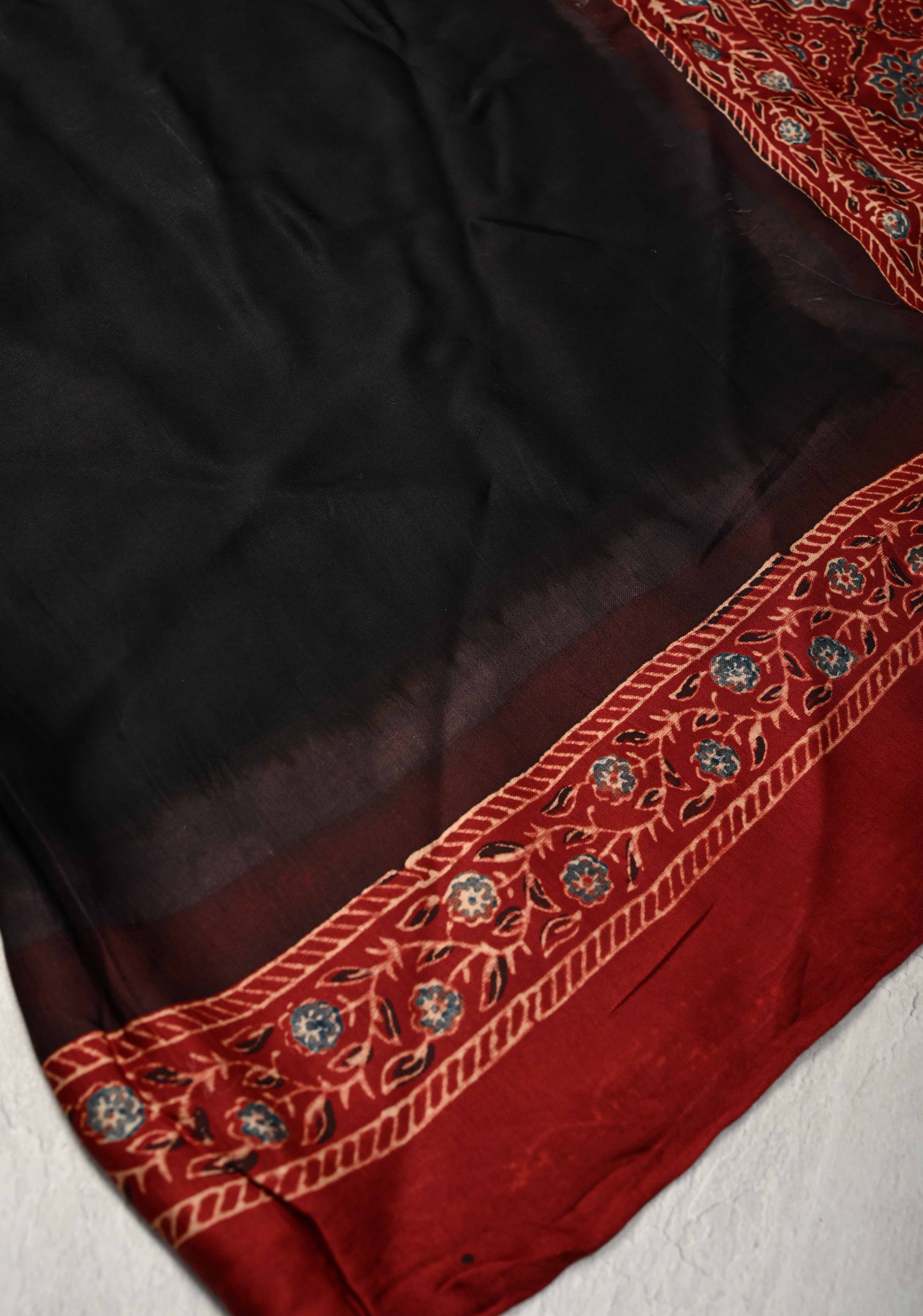 Black Modal Silk Saree with Ajrakh Hand Block Print with crushed Pallu | Shobitam
