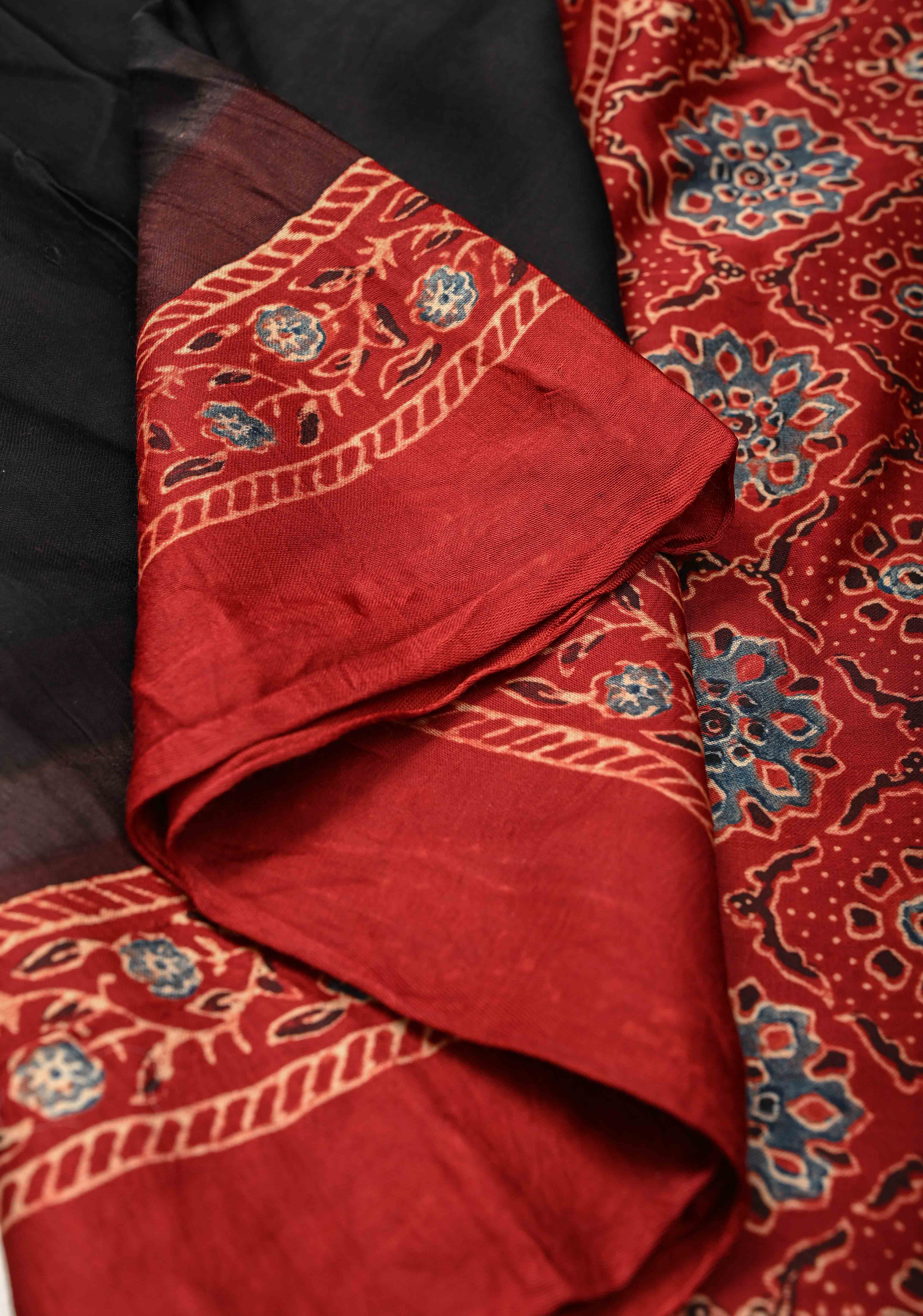 Black Modal Silk Saree with Ajrakh Hand Block Print with crushed Pallu | Shobitam