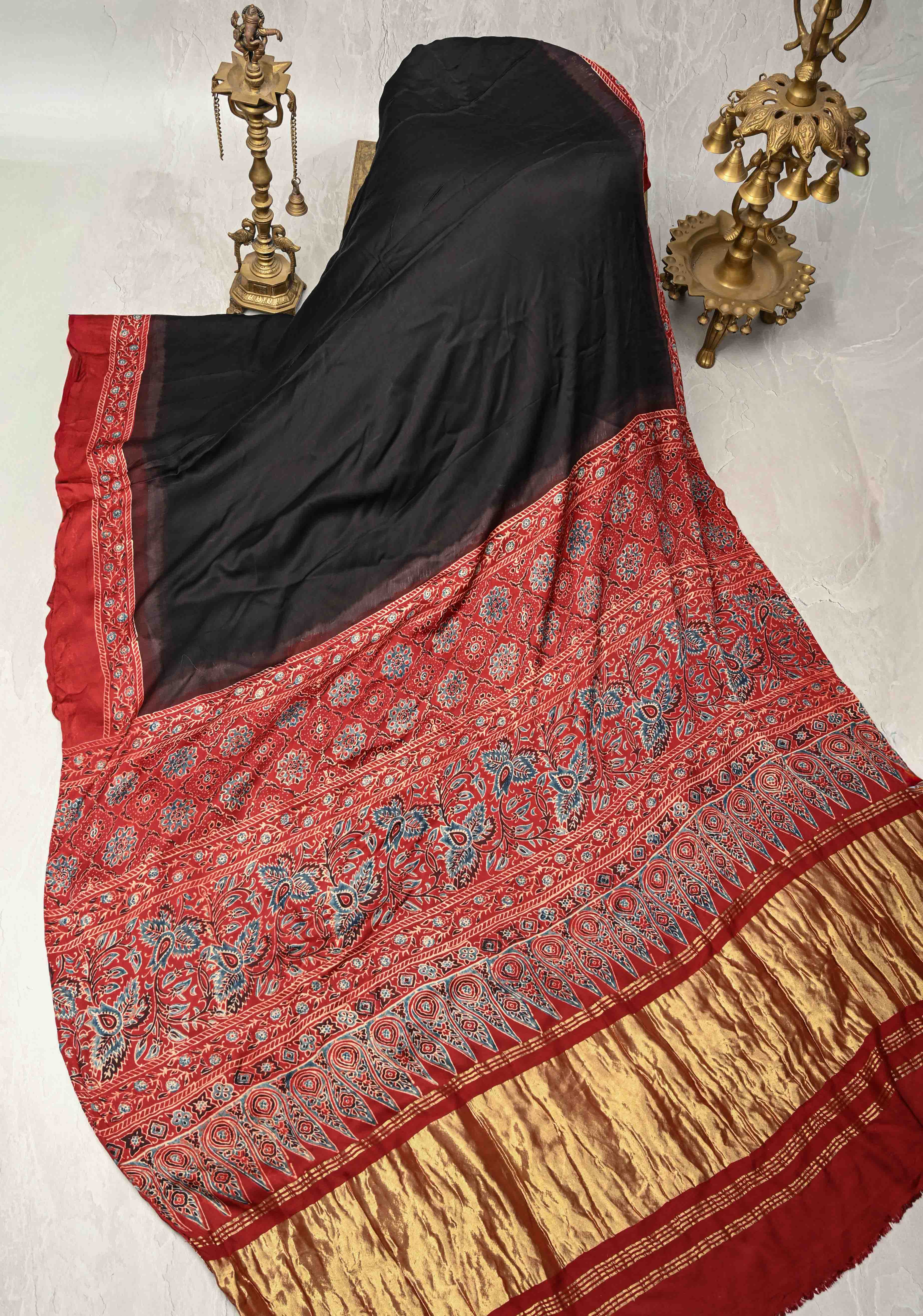 Black Modal Silk Saree with Ajrakh Hand Block Print with crushed Pallu | Shobitam