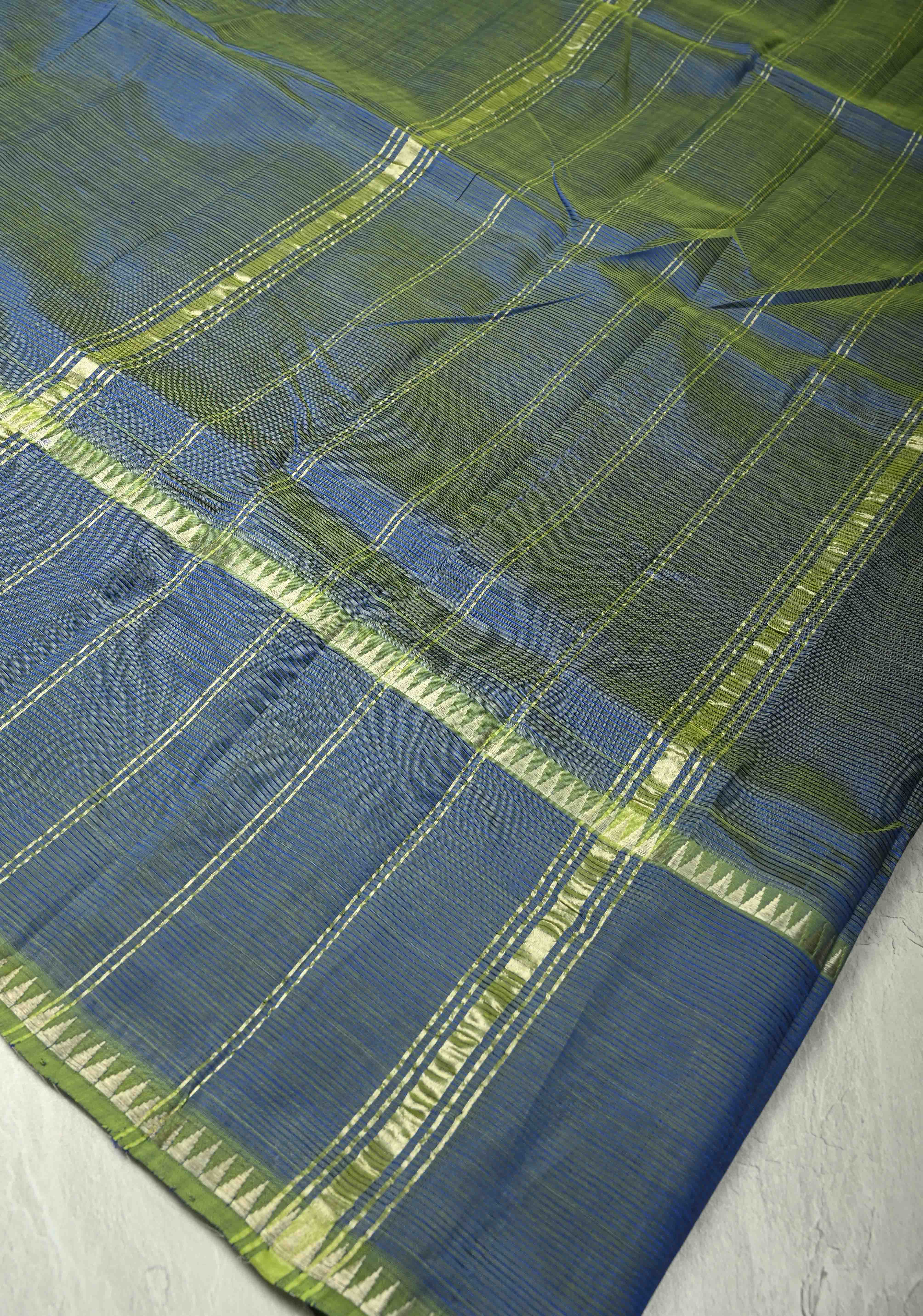 Blue-Green Dual Tone Handwoven Mangalagiri Silk Cotton Saree with Temple Wide Zari Border | Shobitam