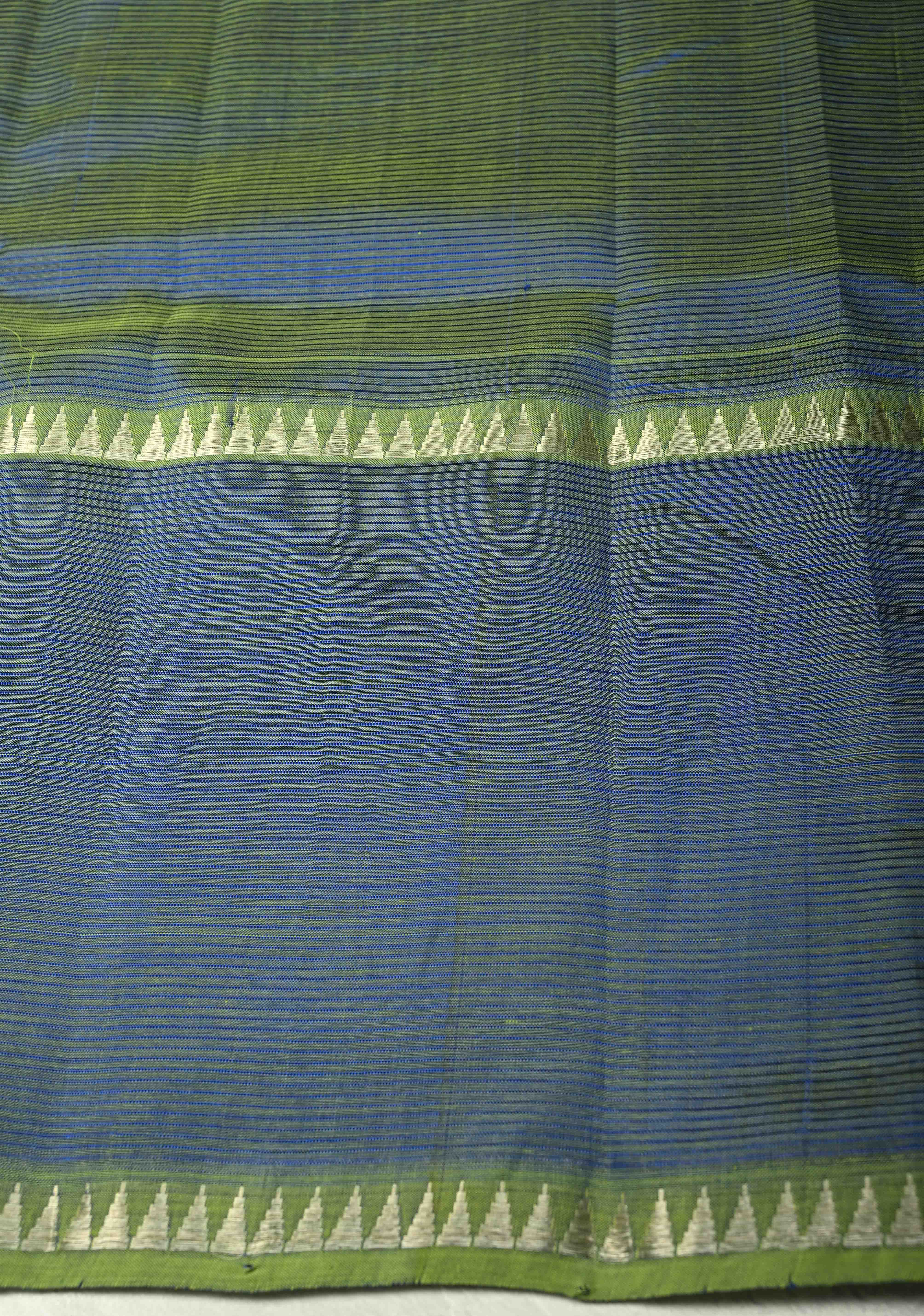 Blue-Green Dual Tone Handwoven Mangalagiri Silk Cotton Saree with Temple Wide Zari Border | Shobitam