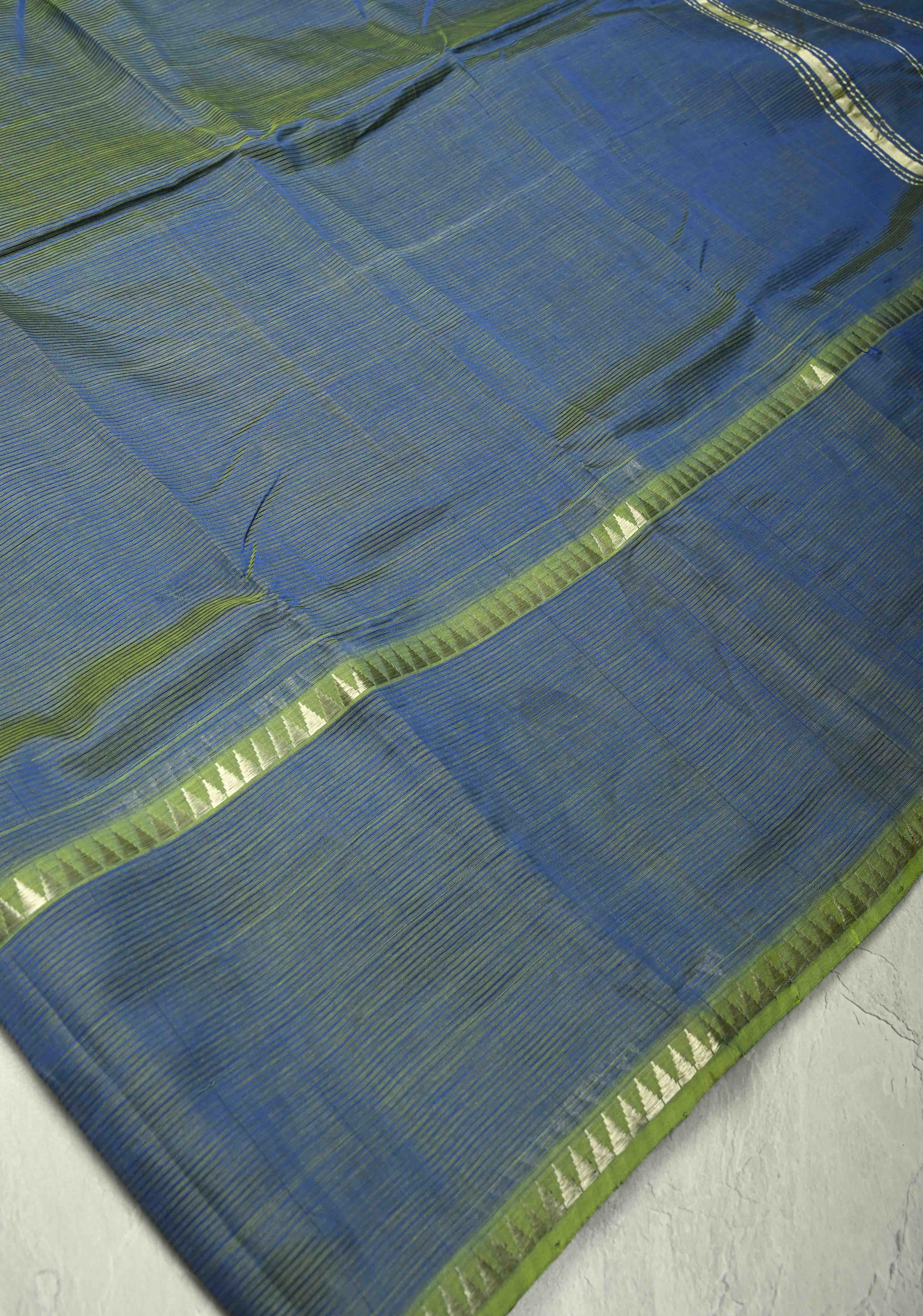 Blue-Green Dual Tone Handwoven Mangalagiri Silk Cotton Saree with Temple Wide Zari Border | Shobitam