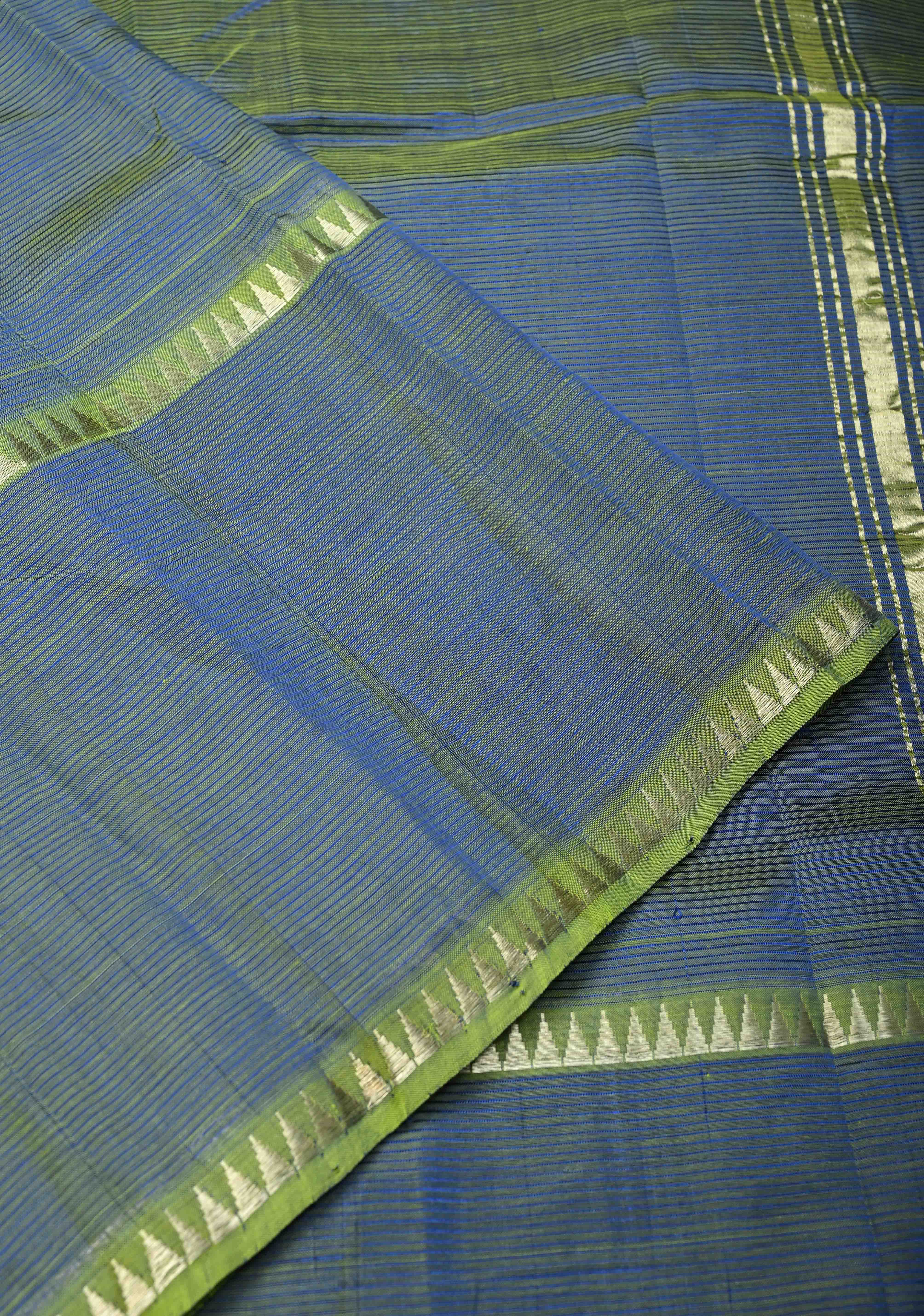 Blue-Green Dual Tone Handwoven Mangalagiri Silk Cotton Saree with Temple Wide Zari Border | Shobitam