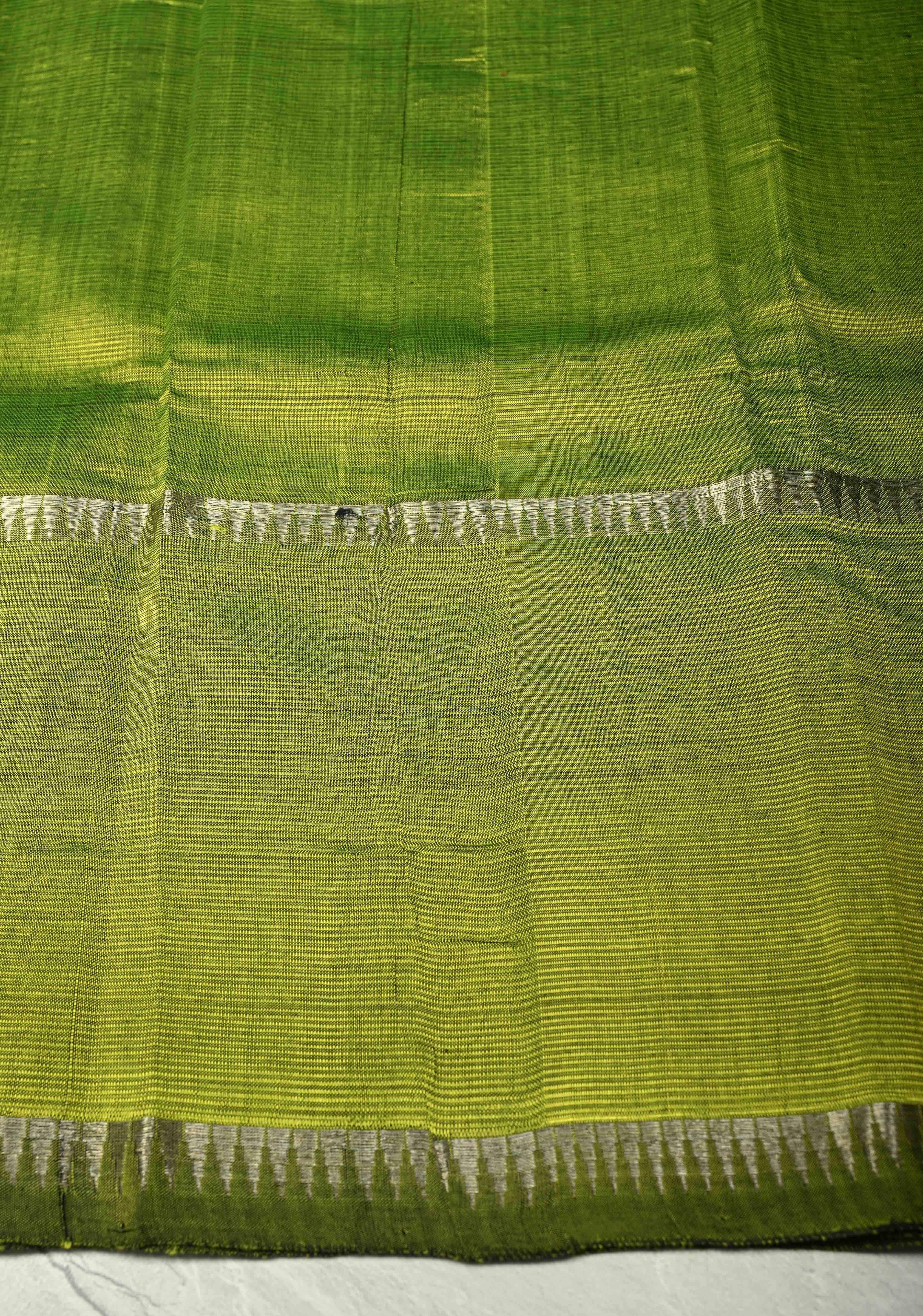 Moss Green Handwoven Mangalagiri Silk Cotton Saree with Temple Wide Zari Border | Shobitam