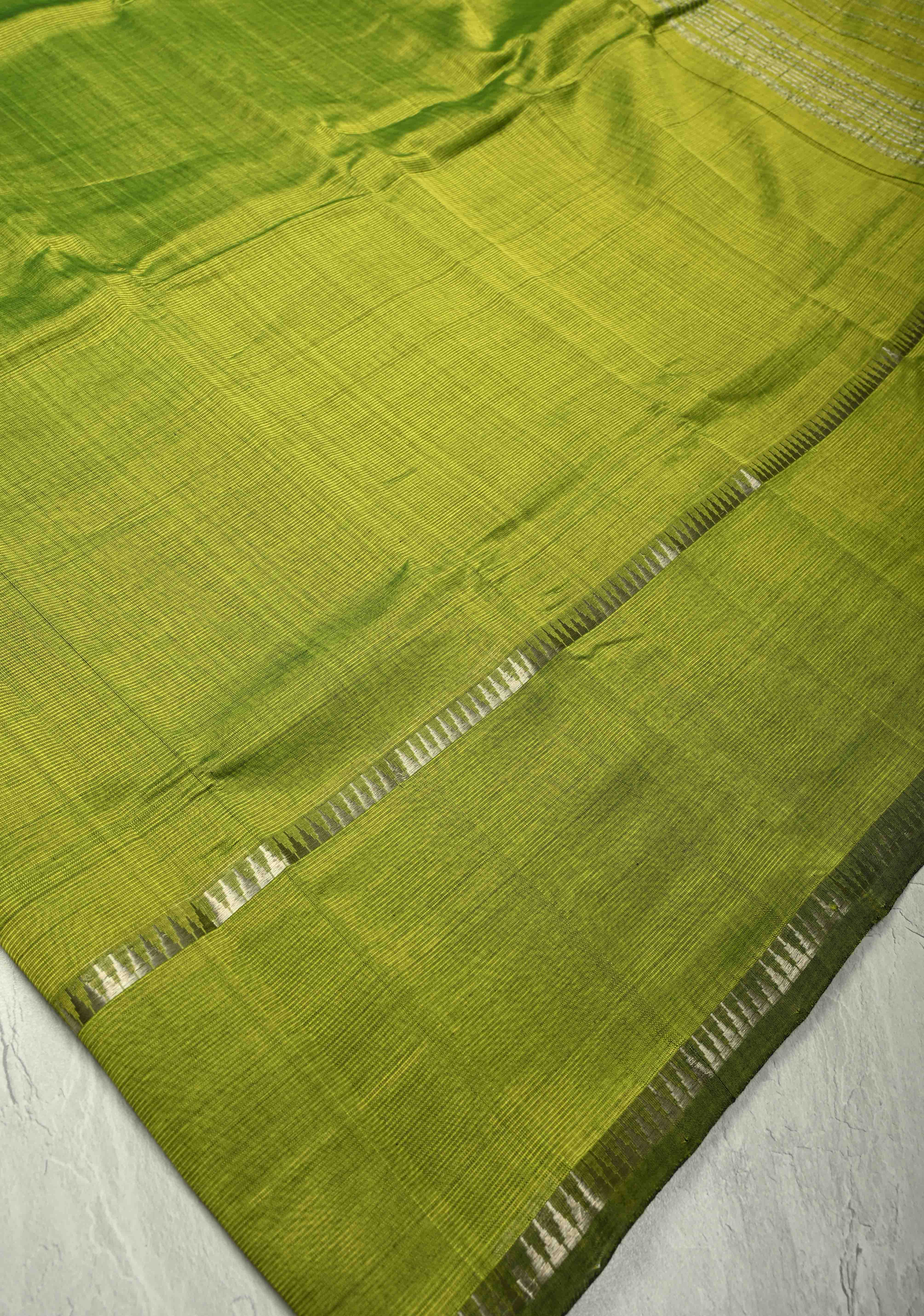 Moss Green Handwoven Mangalagiri Silk Cotton Saree with Temple Wide Zari Border | Shobitam