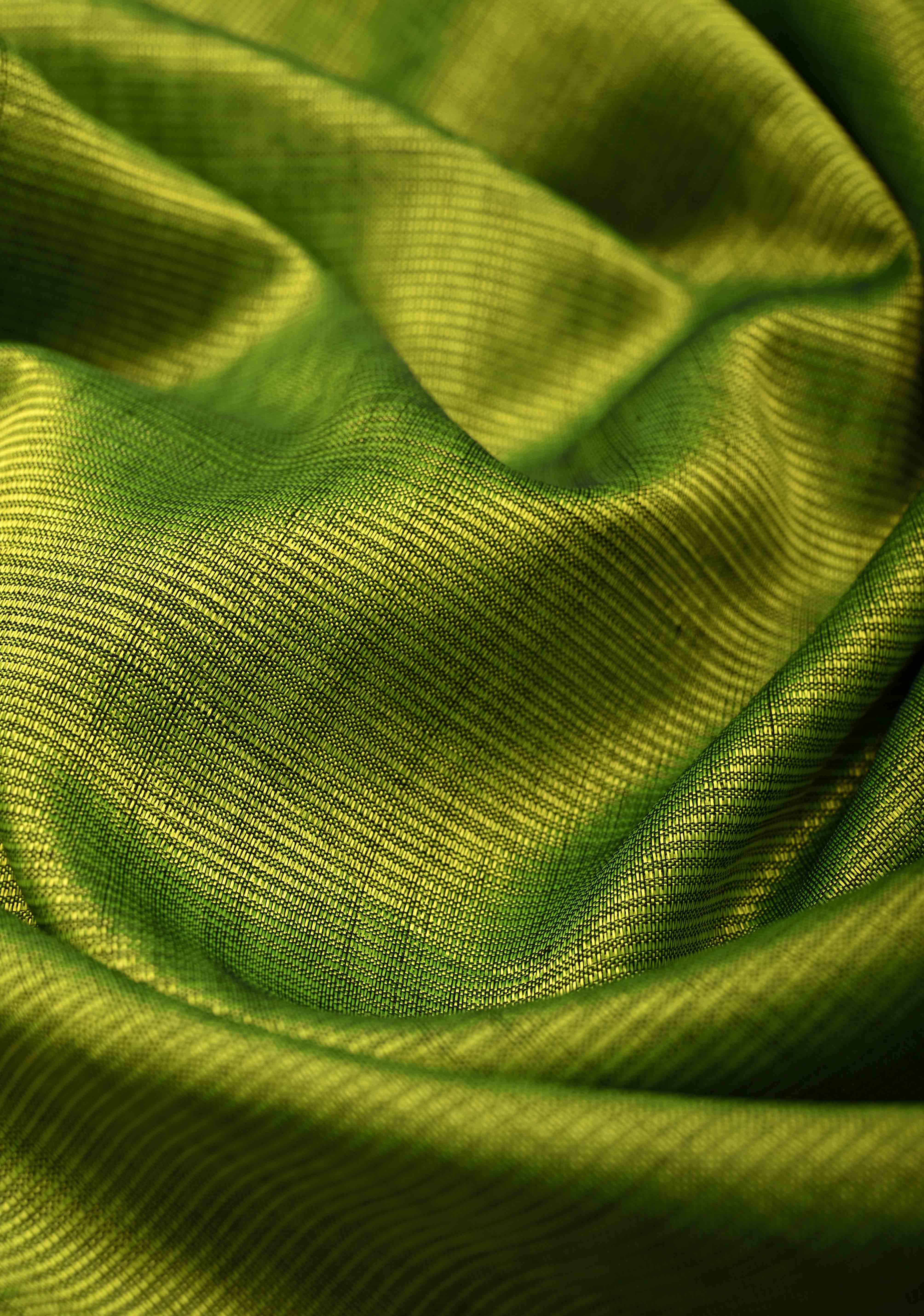 Moss Green Handwoven Mangalagiri Silk Cotton Saree with Temple Wide Zari Border | Shobitam