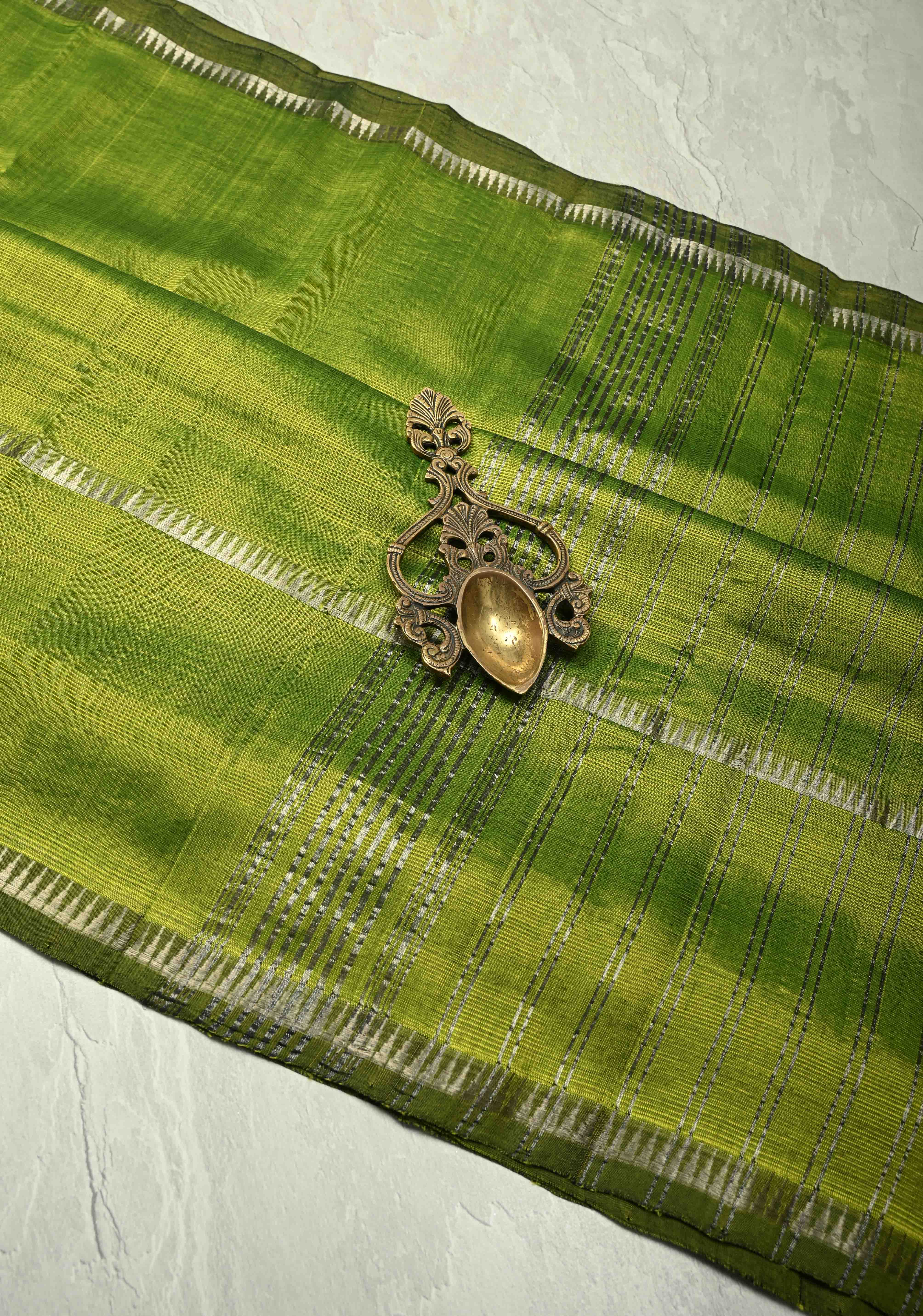Moss Green Handwoven Mangalagiri Silk Cotton Saree with Temple Wide Zari Border | Shobitam