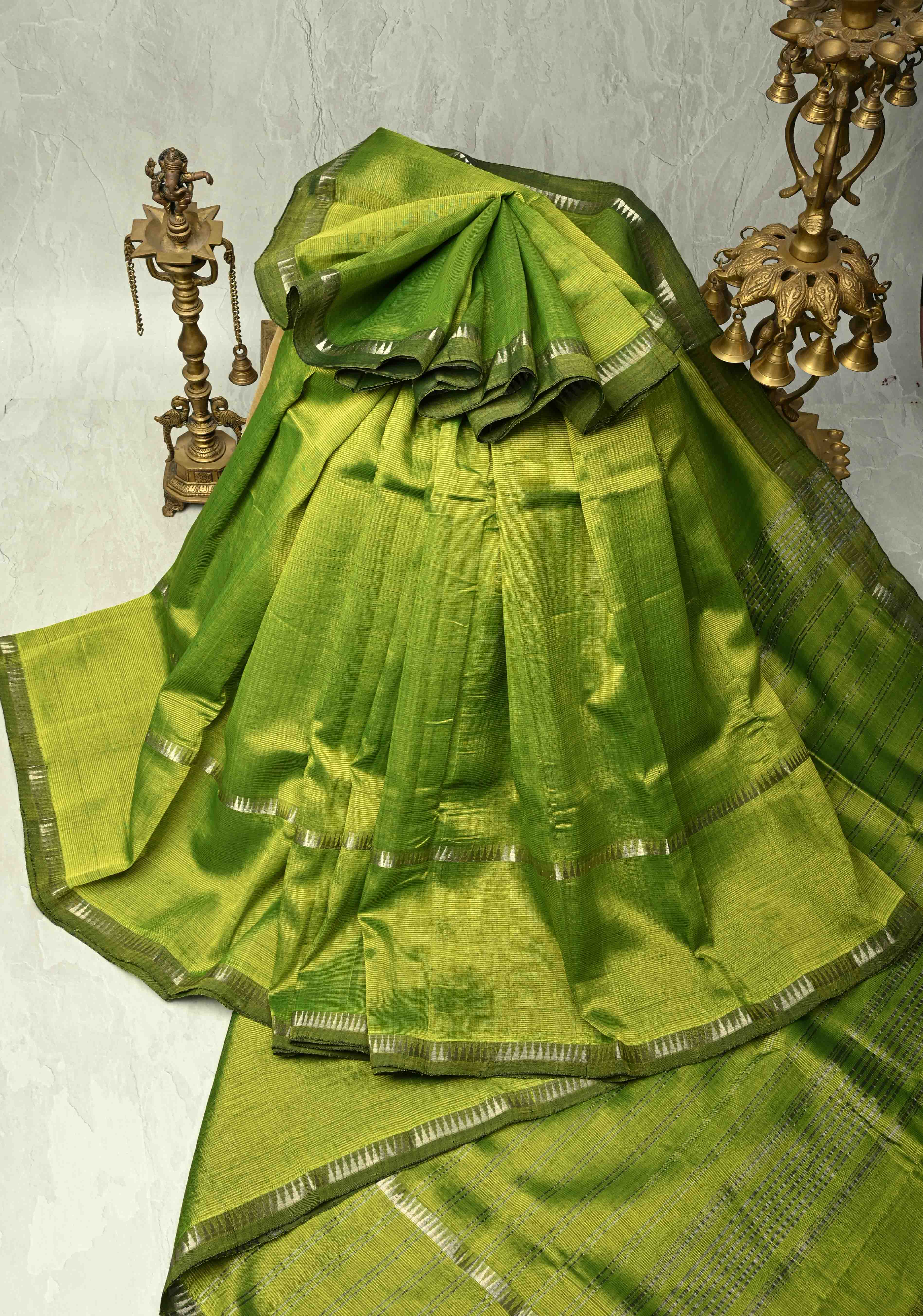 Moss Green Handwoven Mangalagiri Silk Cotton Saree with Temple Wide Zari Border | Shobitam