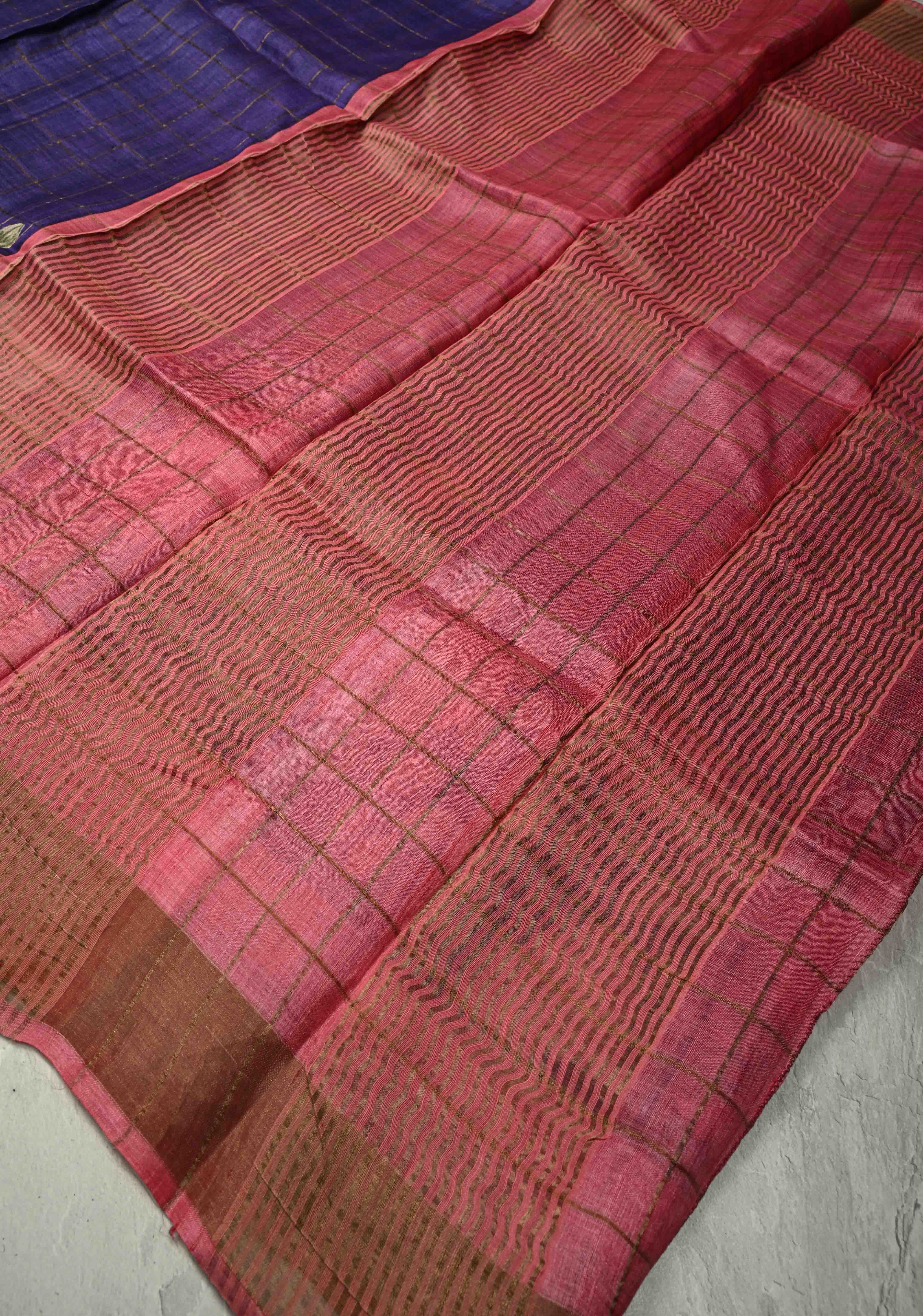 Ink Purple Checks on Jari Tussar Silk Saree with Floral Digital Print Above Contrast Zari Border | SILK MARK CERTIFIED | Shobitam