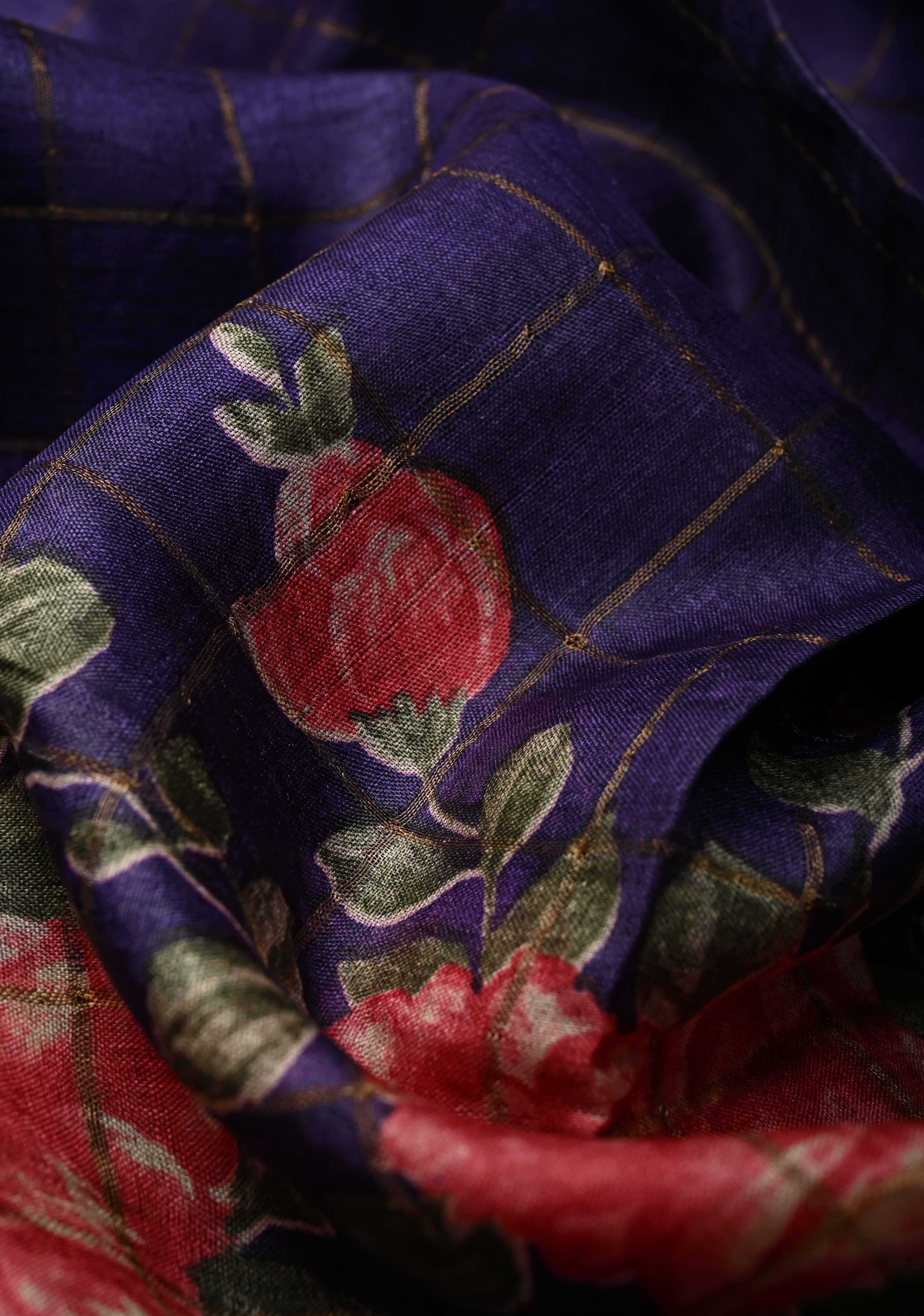 Ink Purple Checks on Jari Tussar Silk Saree with Floral Digital Print Above Contrast Zari Border | SILK MARK CERTIFIED | Shobitam