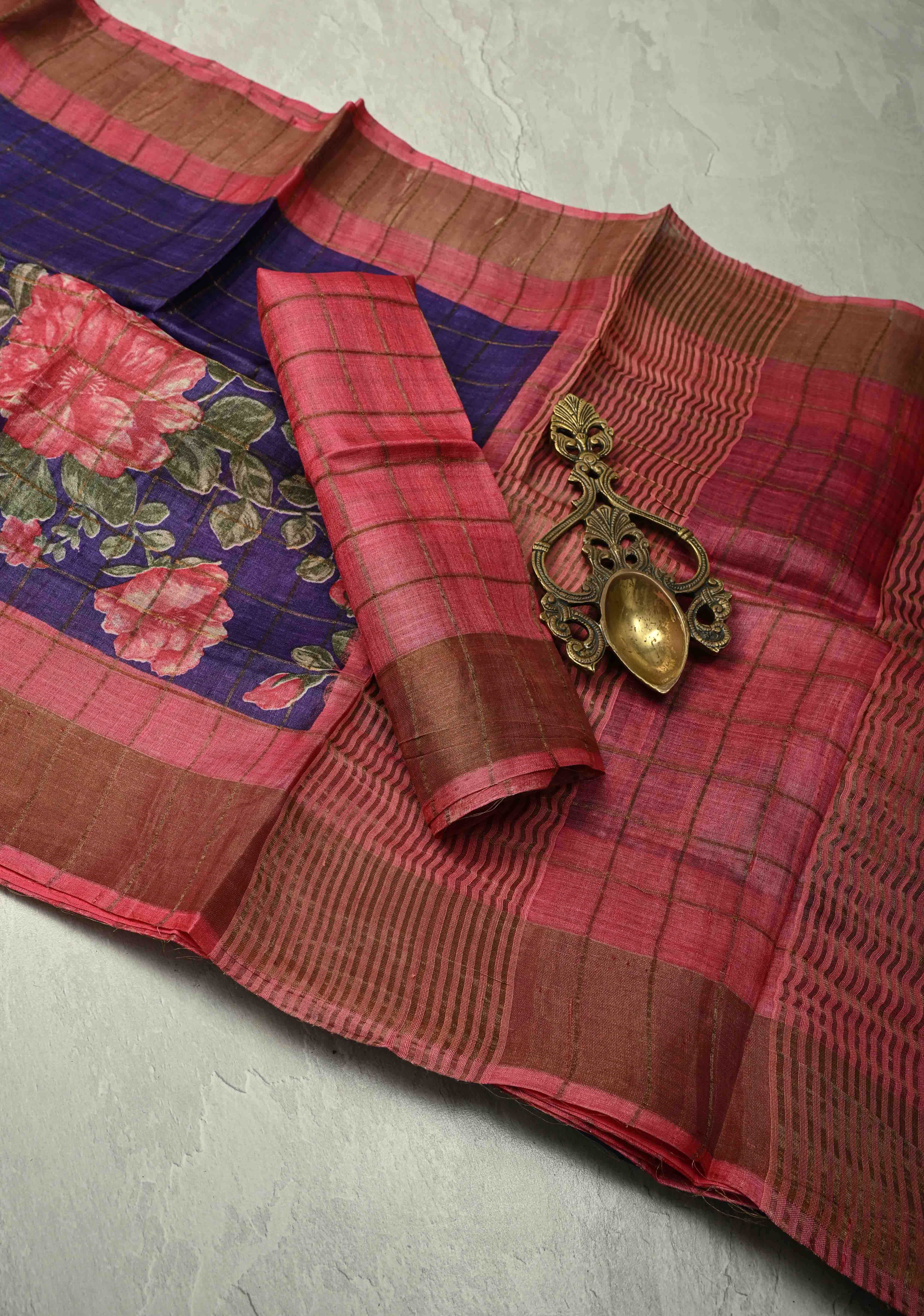 Ink Purple Checks on Jari Tussar Silk Saree with Floral Digital Print Above Contrast Zari Border | SILK MARK CERTIFIED | Shobitam