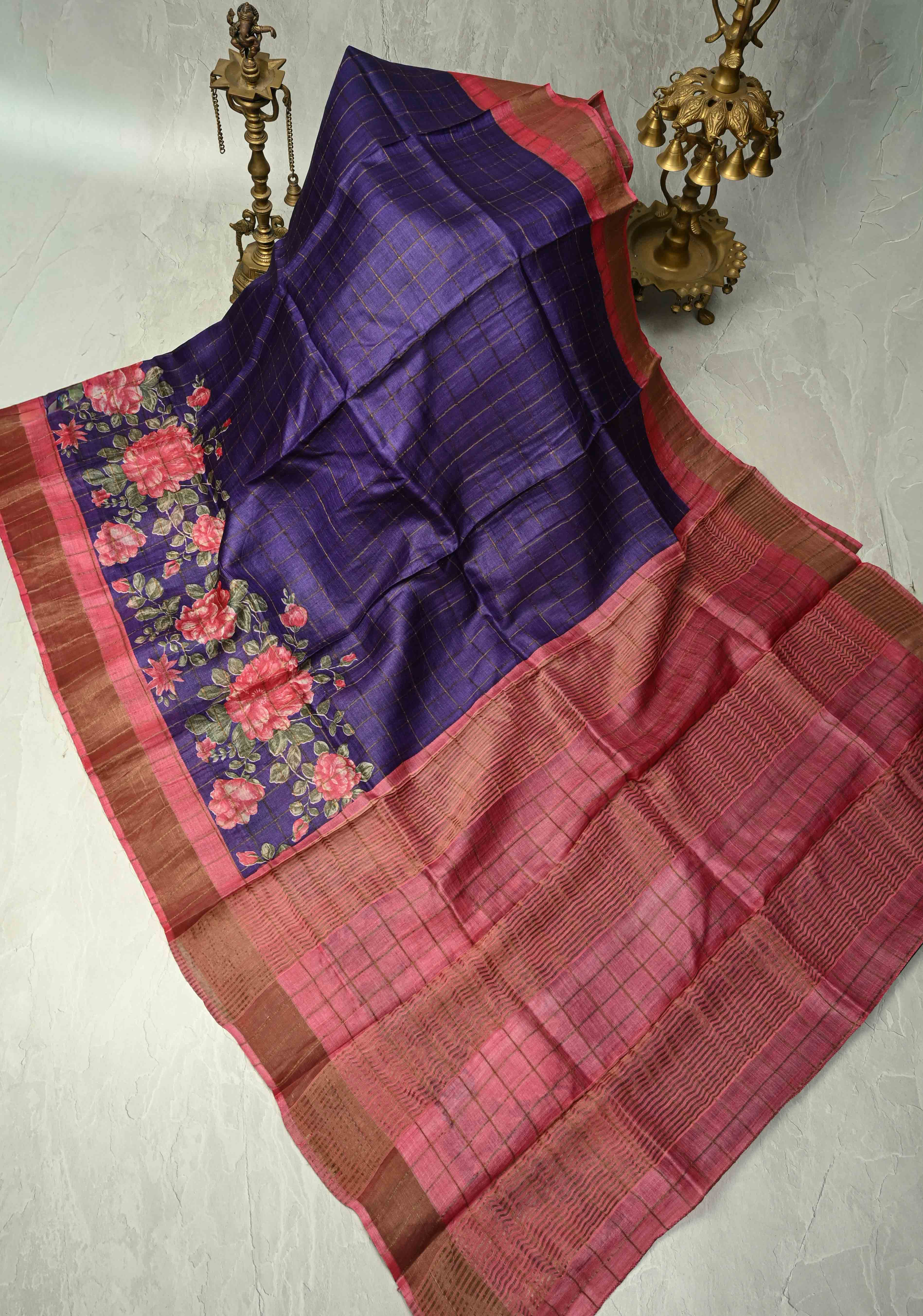 Ink Purple Checks on Jari Tussar Silk Saree with Floral Digital Print Above Contrast Zari Border | SILK MARK CERTIFIED | Shobitam