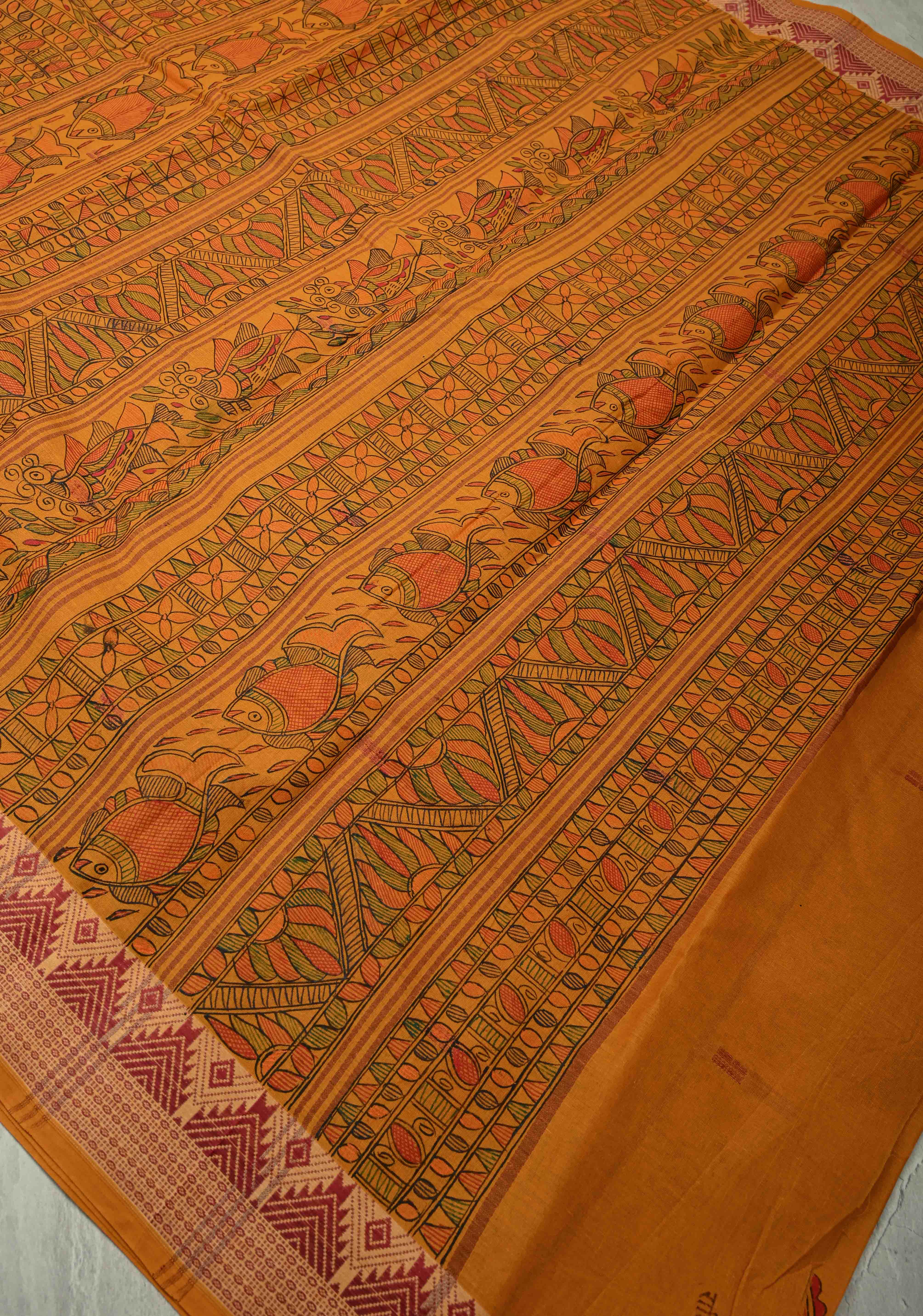 Musturd Yellow Madhubani Hand painted on Cotton Saree with Buttas and Border | Shobitam