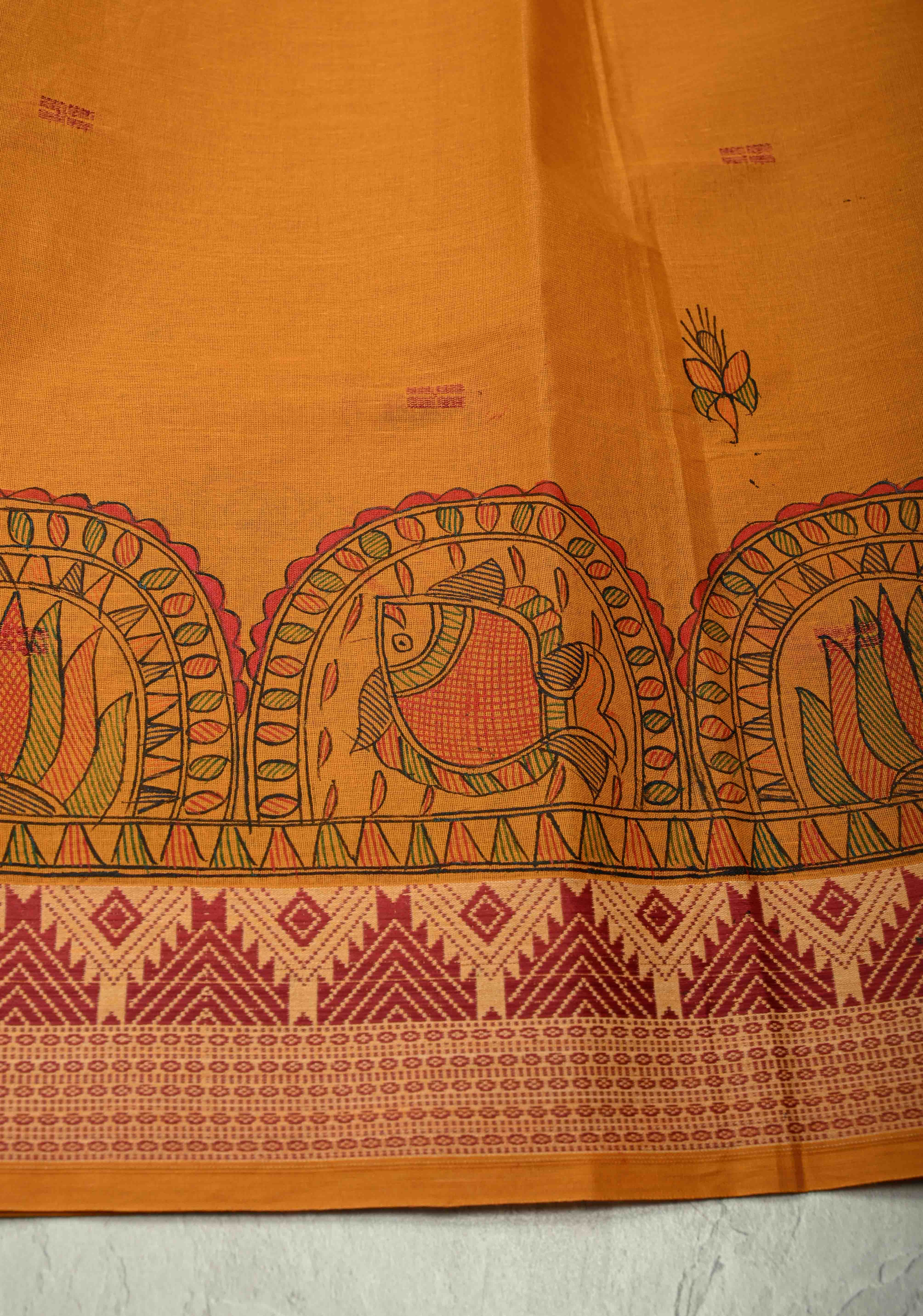Musturd Yellow Madhubani Hand painted on Cotton Saree with Buttas and Border | Shobitam