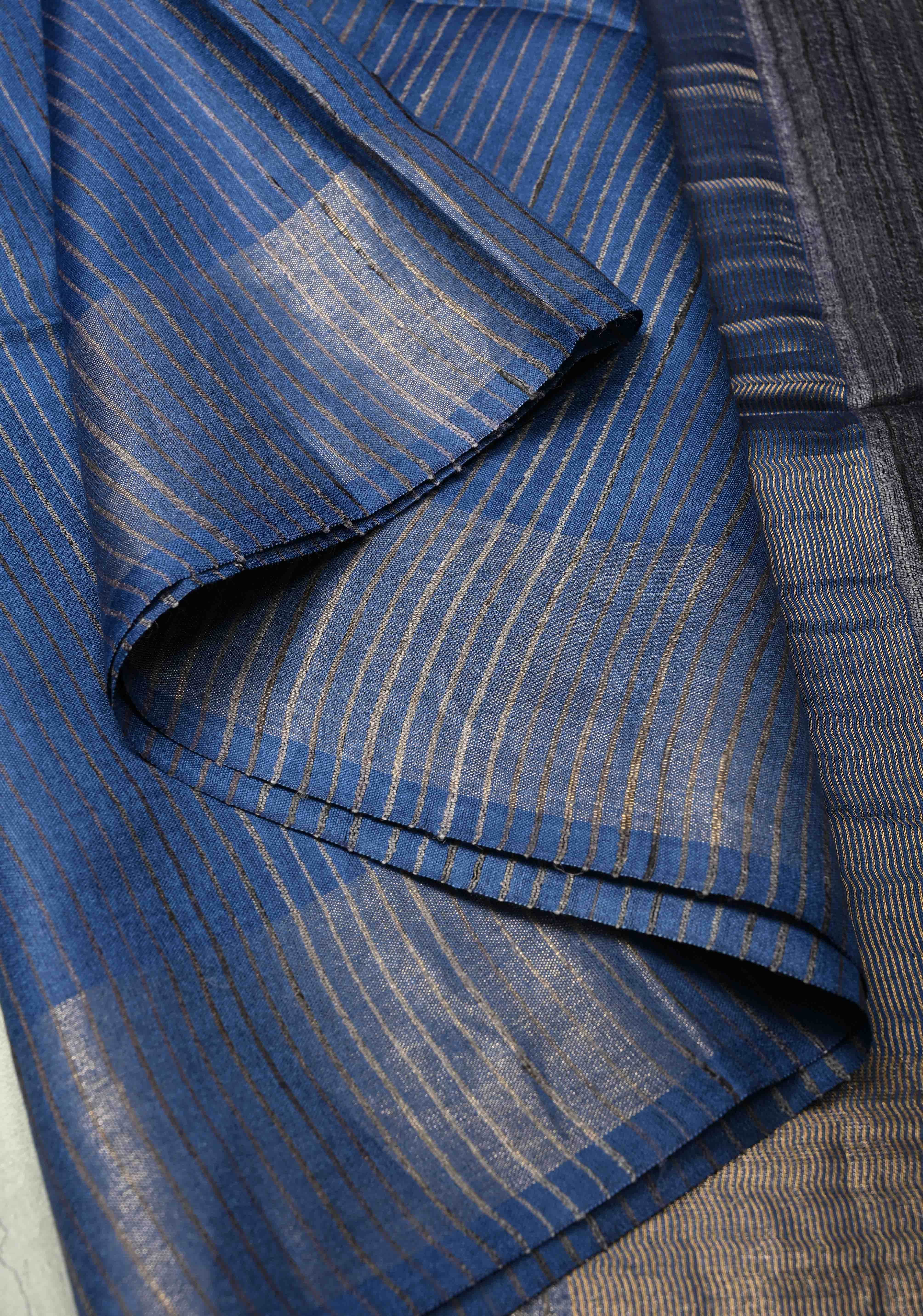 Ink Blue Handloom Tussar Silk Saree with Muted Zari Border and Panel Pallu | SILK MARK CERTIFIED
