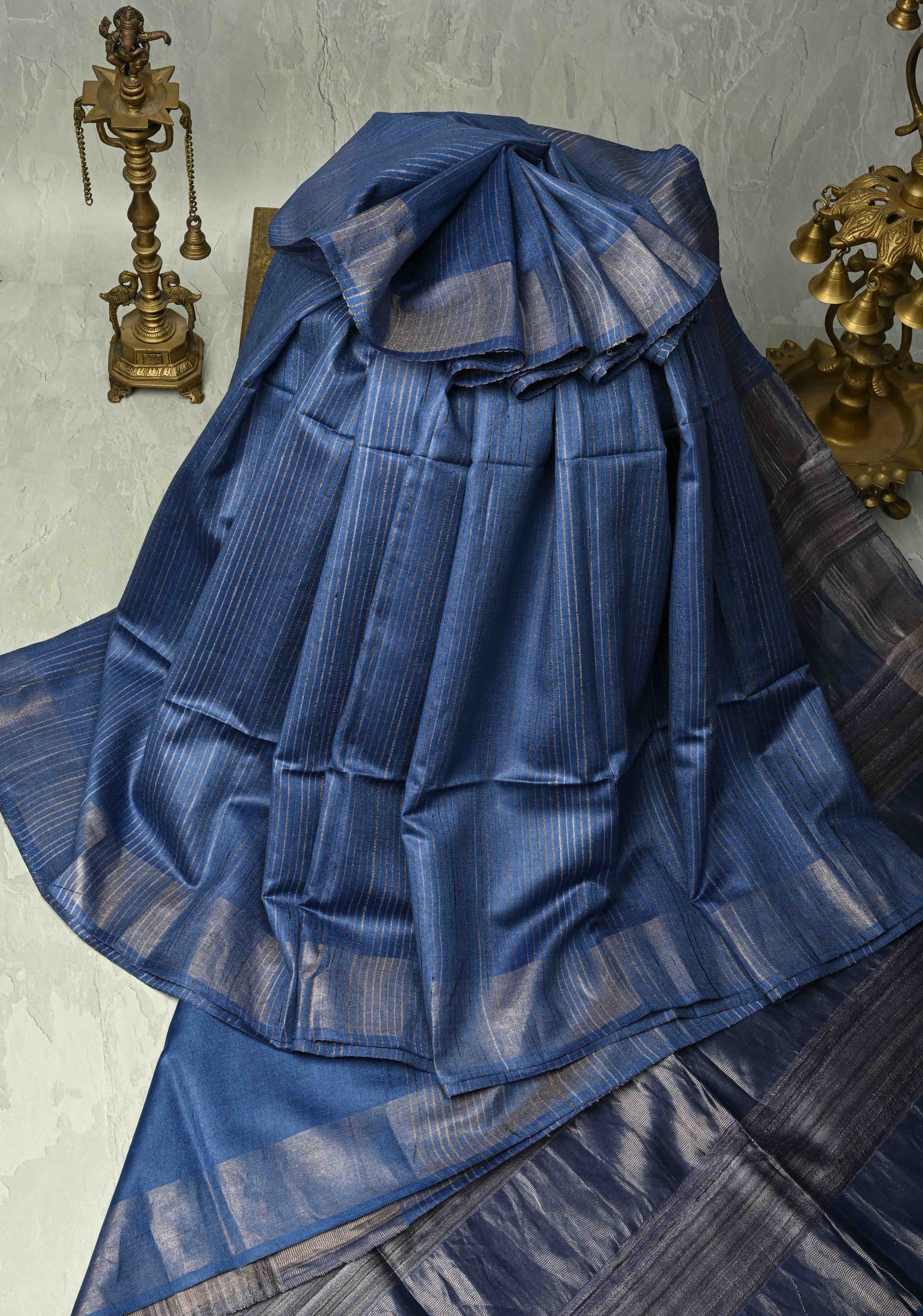 Ink Blue Handloom Tussar Silk Saree with Muted Zari Border and Panel Pallu | SILK MARK CERTIFIED