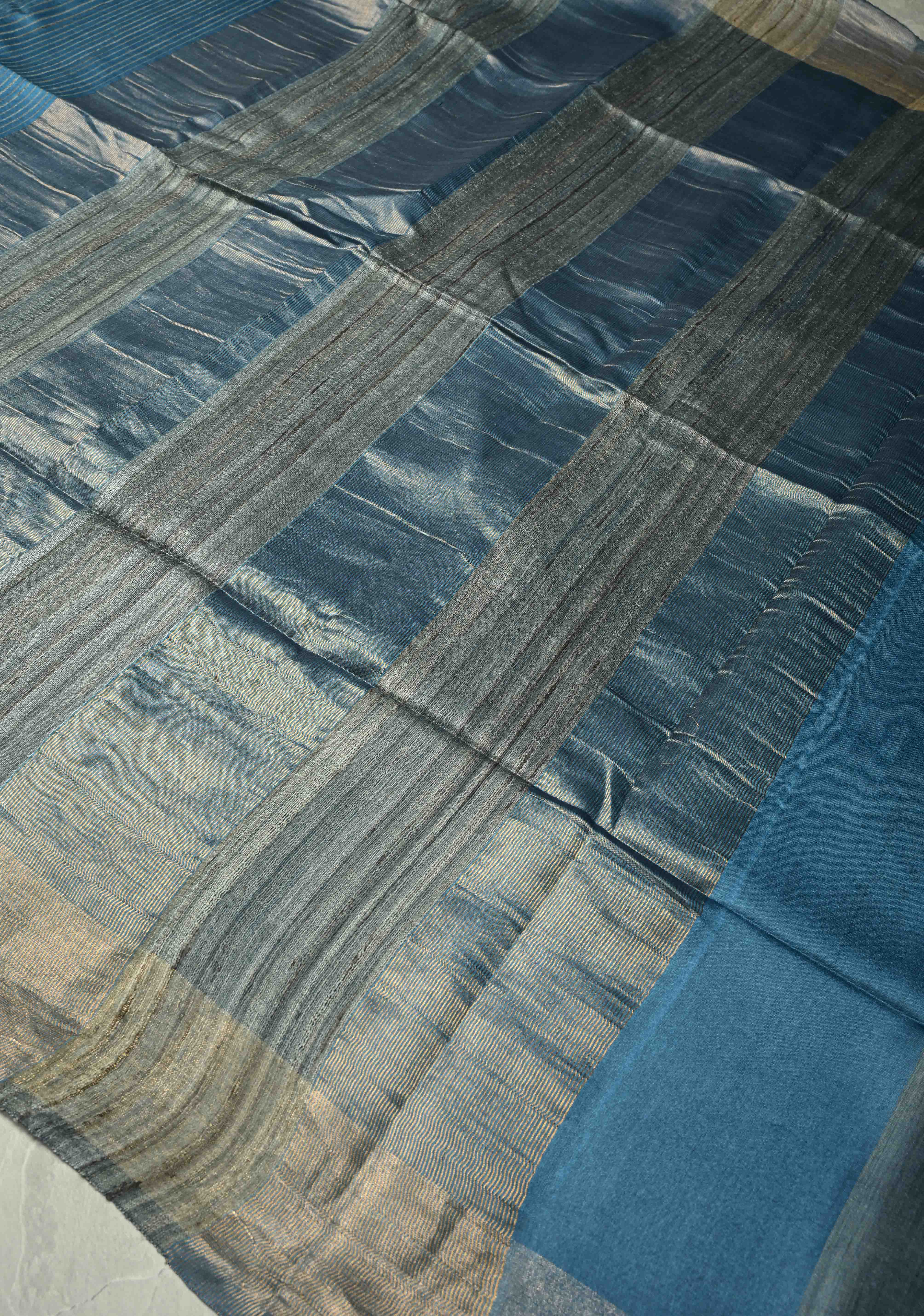 Slate Blue Handloom Tussar Silk Saree with Muted Zari Border and Panel Pallu | SILK MARK CERTIFIED | Shobitam