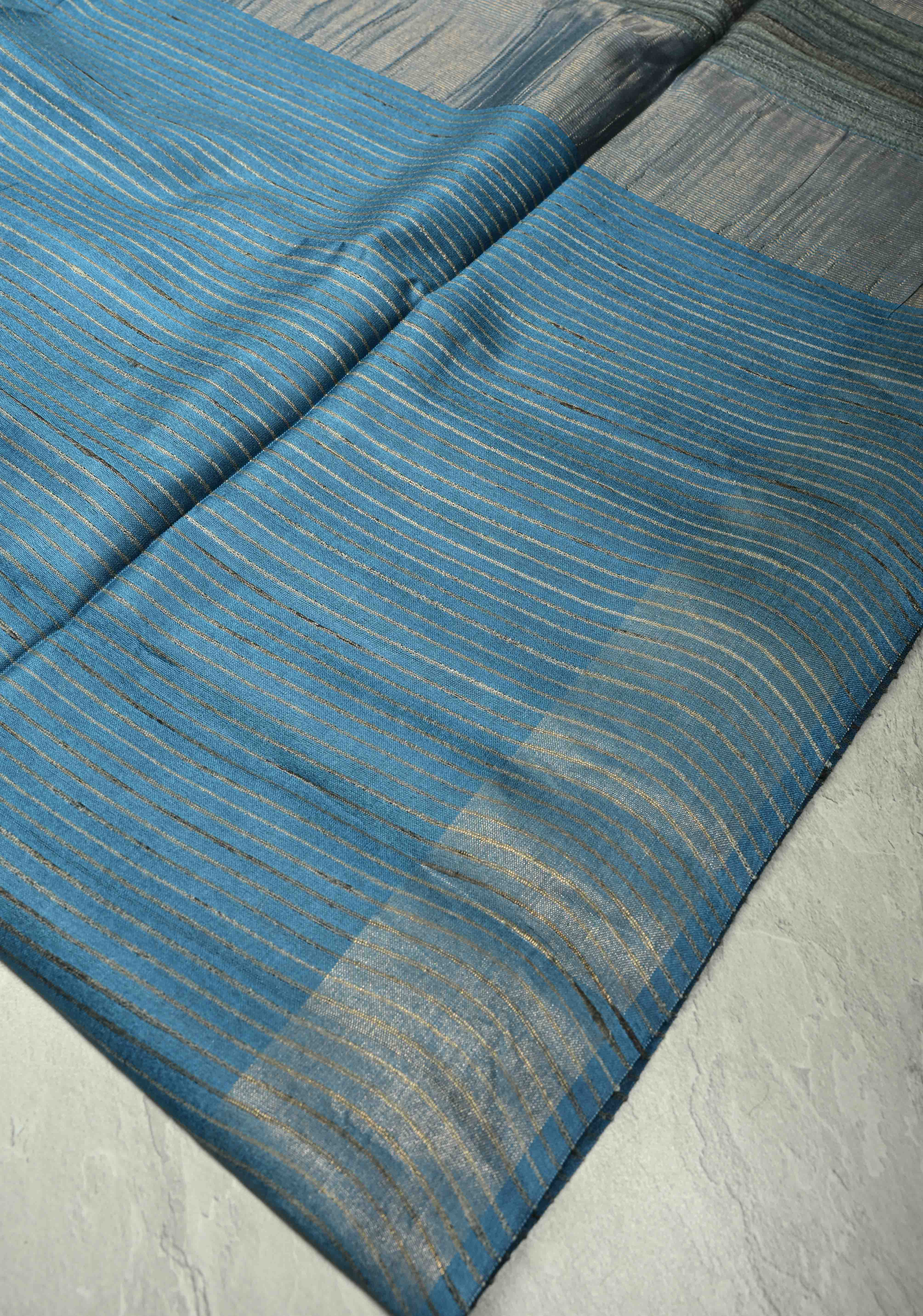 Slate Blue Handloom Tussar Silk Saree with Muted Zari Border and Panel Pallu | SILK MARK CERTIFIED | Shobitam