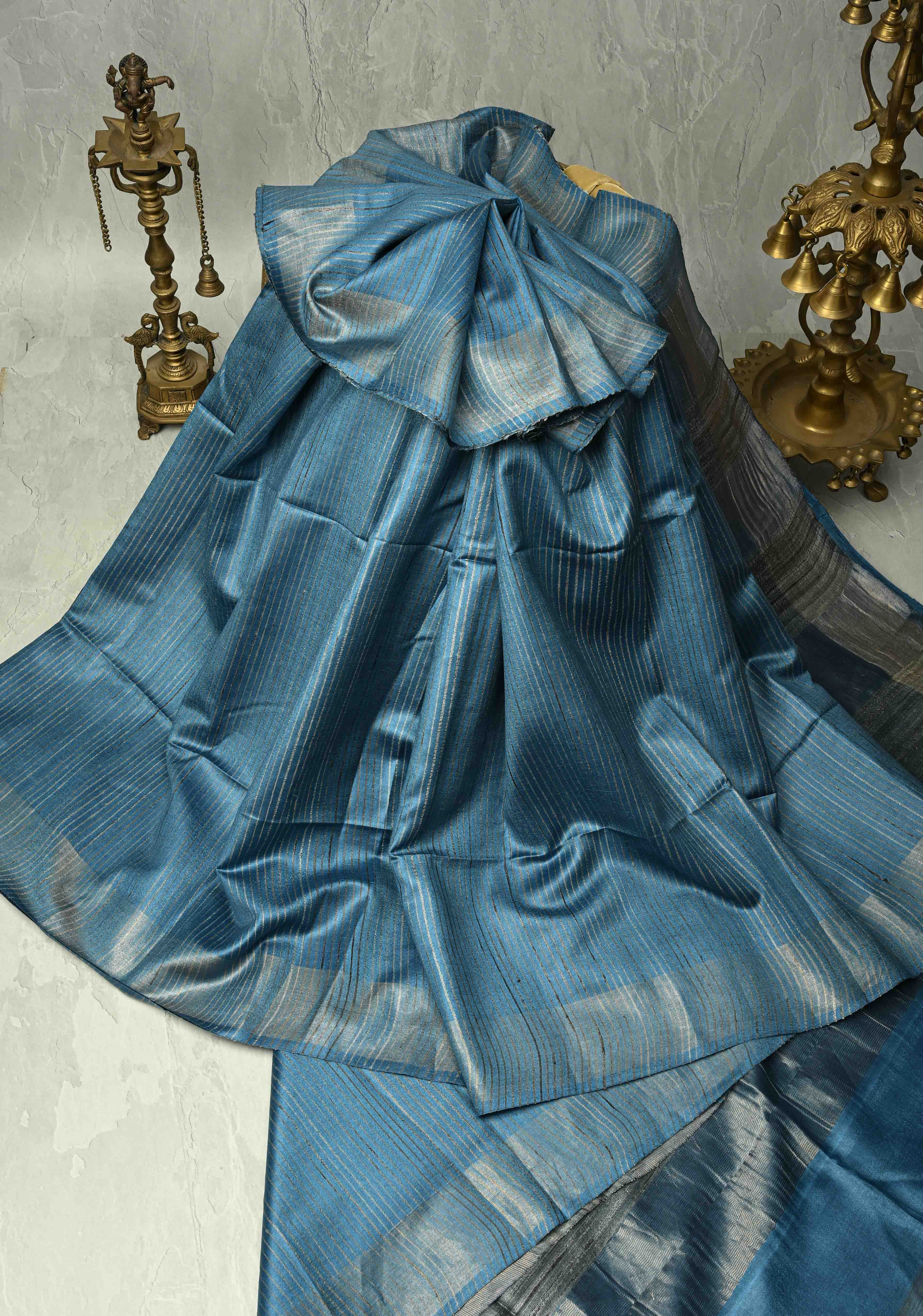 Slate Blue Handloom Tussar Silk Saree with Muted Zari Border and Panel Pallu | SILK MARK CERTIFIED | Shobitam