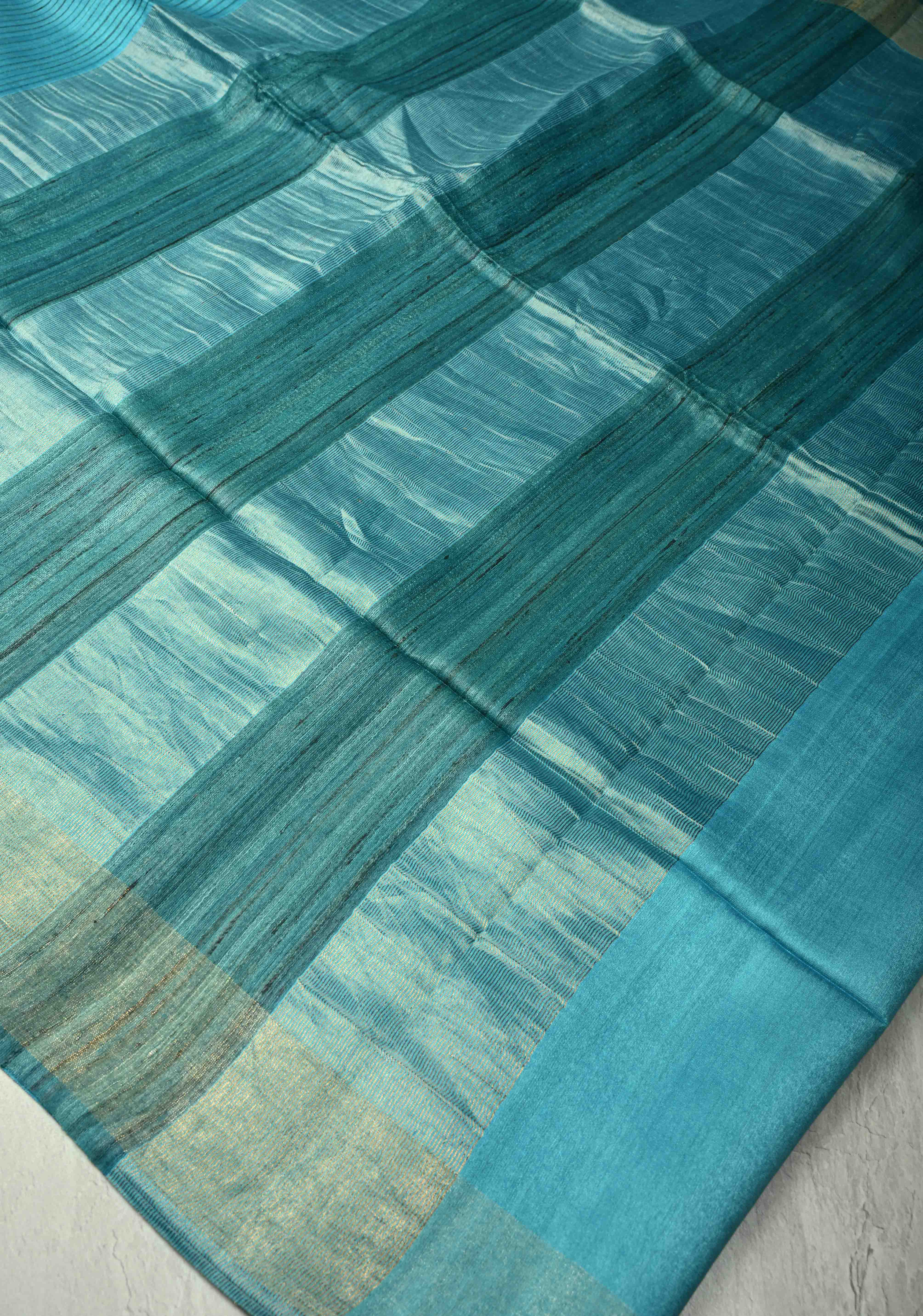 Turquoise Handloom Tussar Silk Saree With Muted Zari Border and Panel Pallu | SILK MARK CERTIFIED | Shobitam