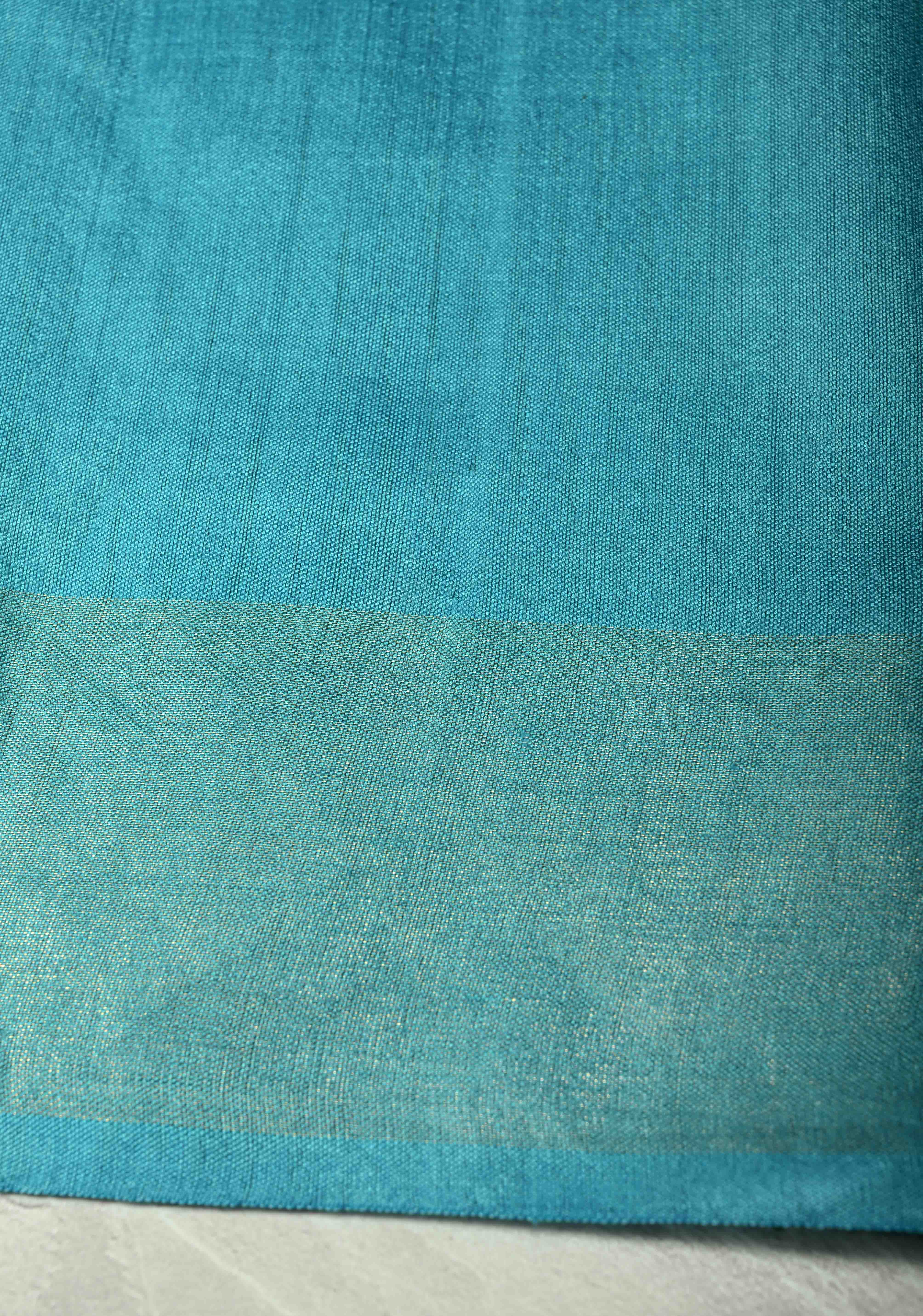Turquoise Handloom Tussar Silk Saree With Muted Zari Border and Panel Pallu | SILK MARK CERTIFIED | Shobitam