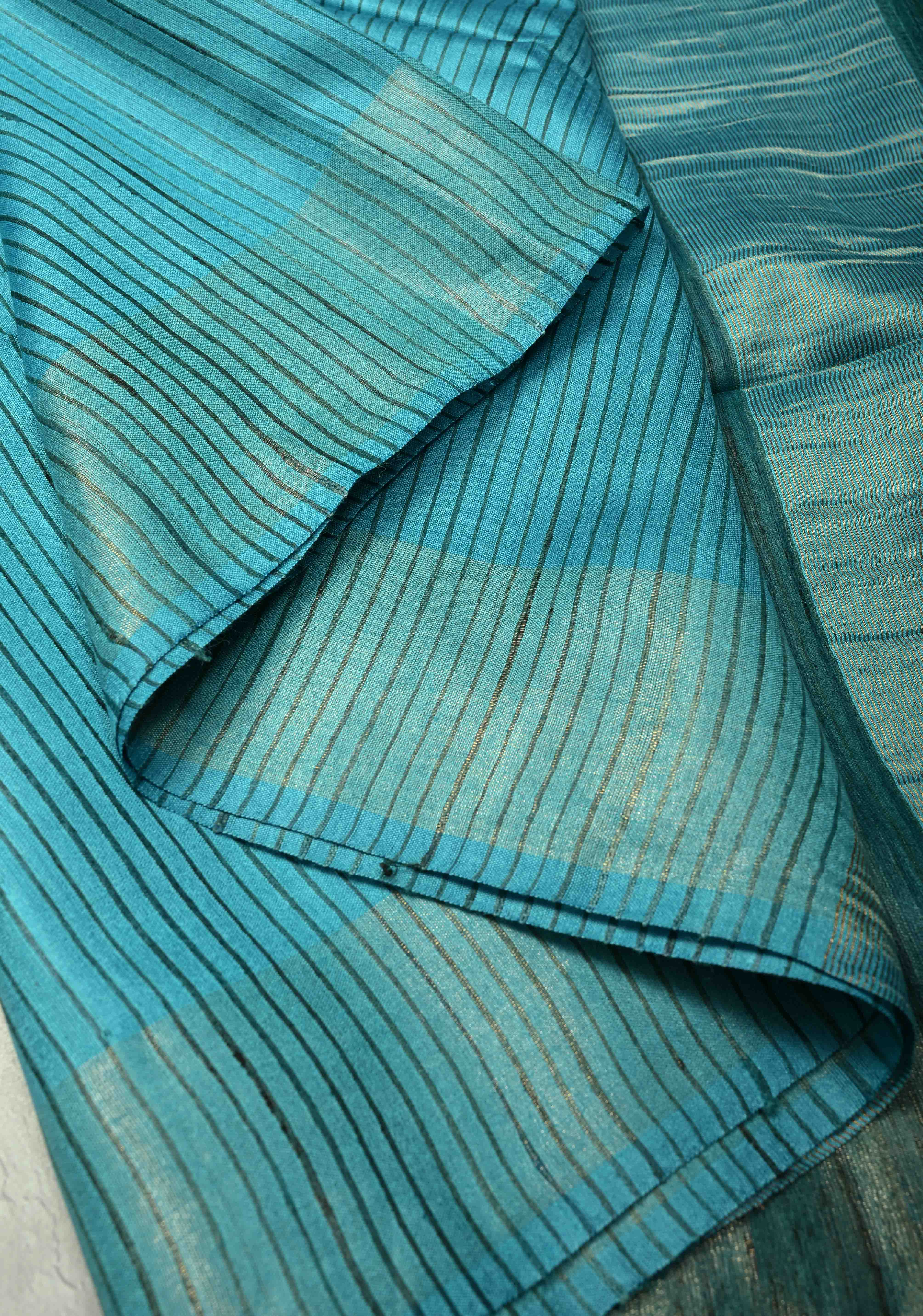Turquoise Handloom Tussar Silk Saree With Muted Zari Border and Panel Pallu | SILK MARK CERTIFIED | Shobitam