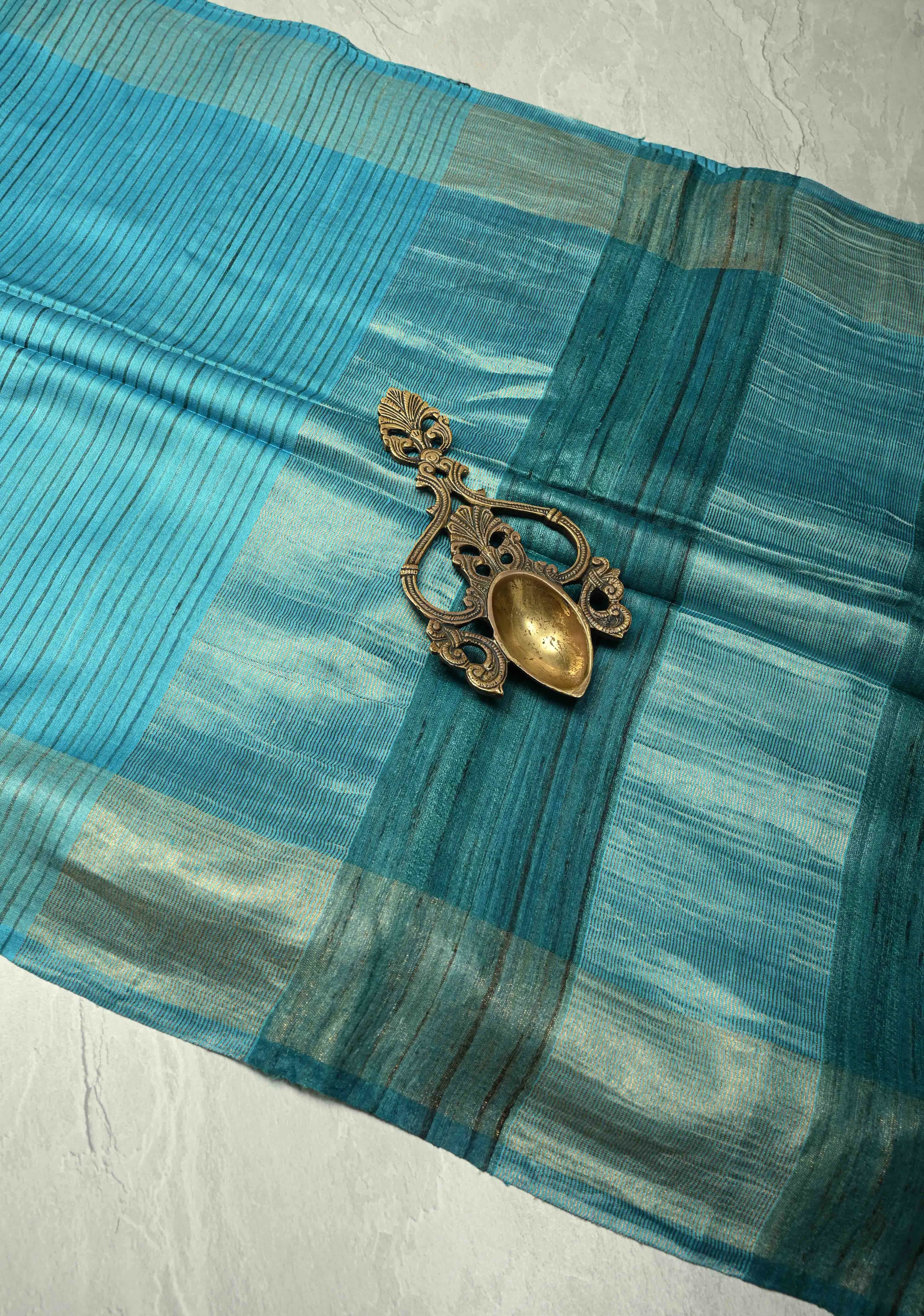 Turquoise Handloom Tussar Silk Saree With Muted Zari Border and Panel Pallu | SILK MARK CERTIFIED | Shobitam