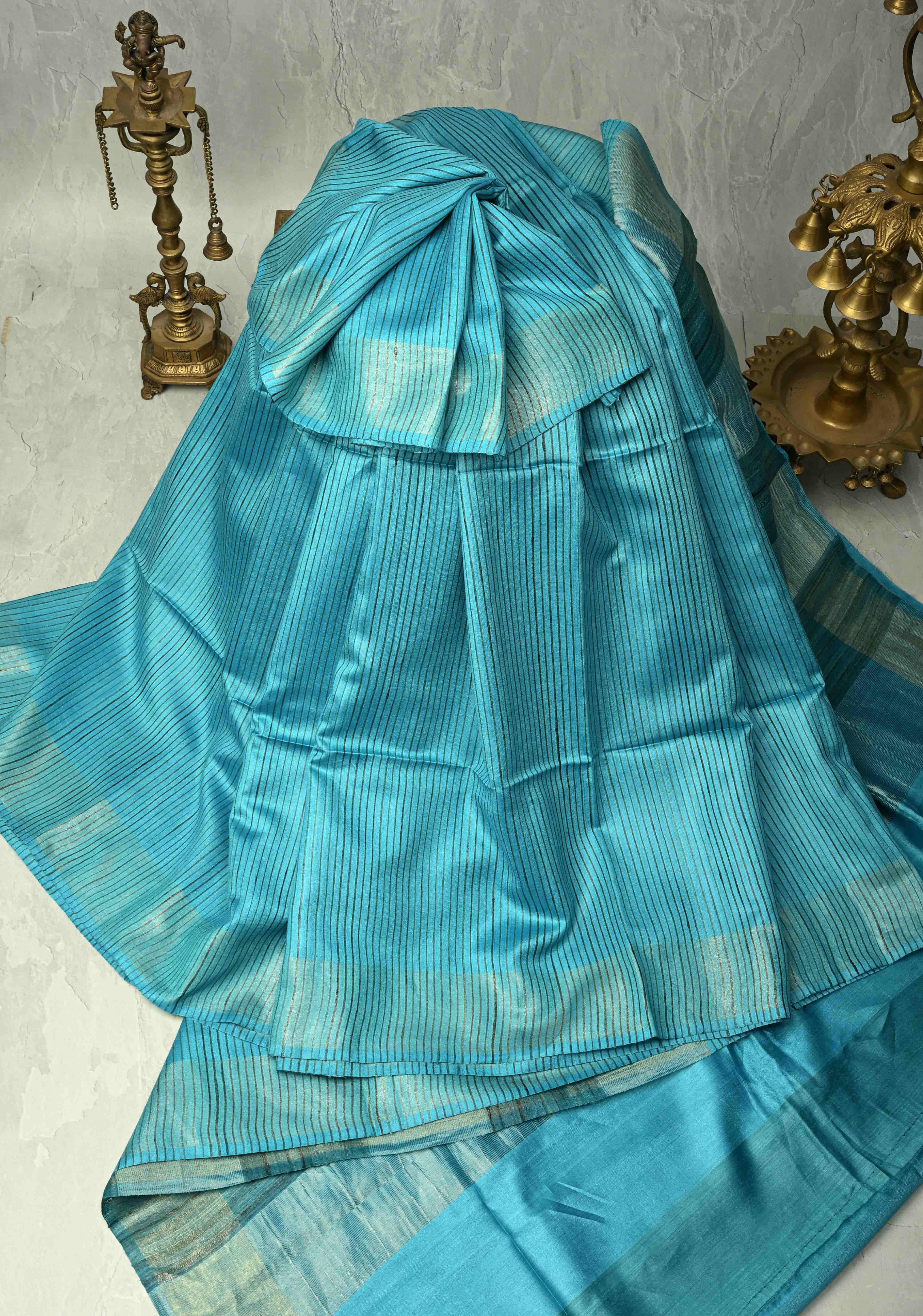 Turquoise Handloom Tussar Silk Saree With Muted Zari Border and Panel Pallu | SILK MARK CERTIFIED | Shobitam