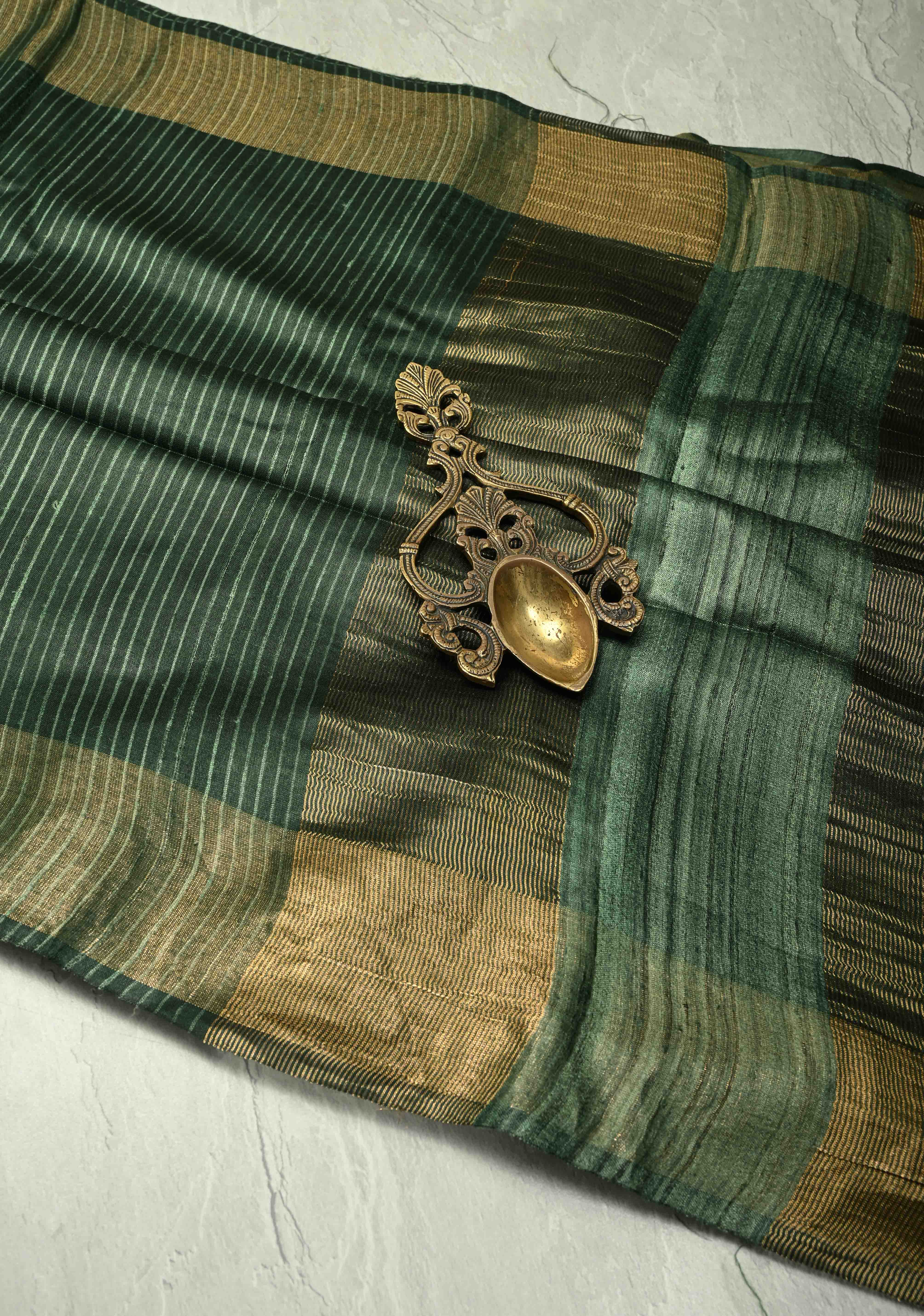 Deep Green Handloom Tussar Silk Saree with Muted Zari Border and Panel Pallu | SILK MARK CERTIFIED