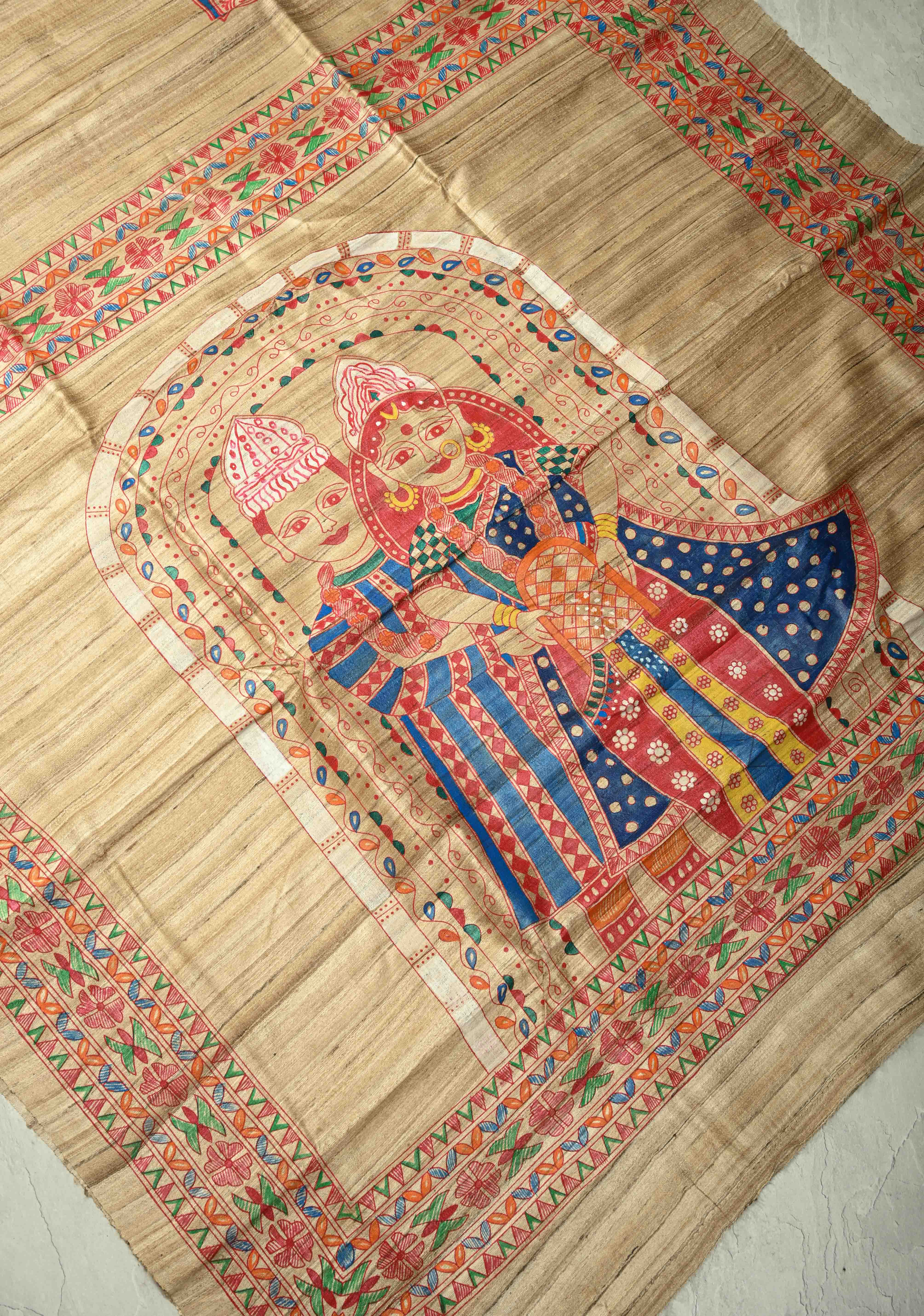 Kora Color Pure Handloom Tussar Silk Saree with Bengali Shaadi Madhubani Hand-Painted | SILK MARK CERTIFIED | Shobitam