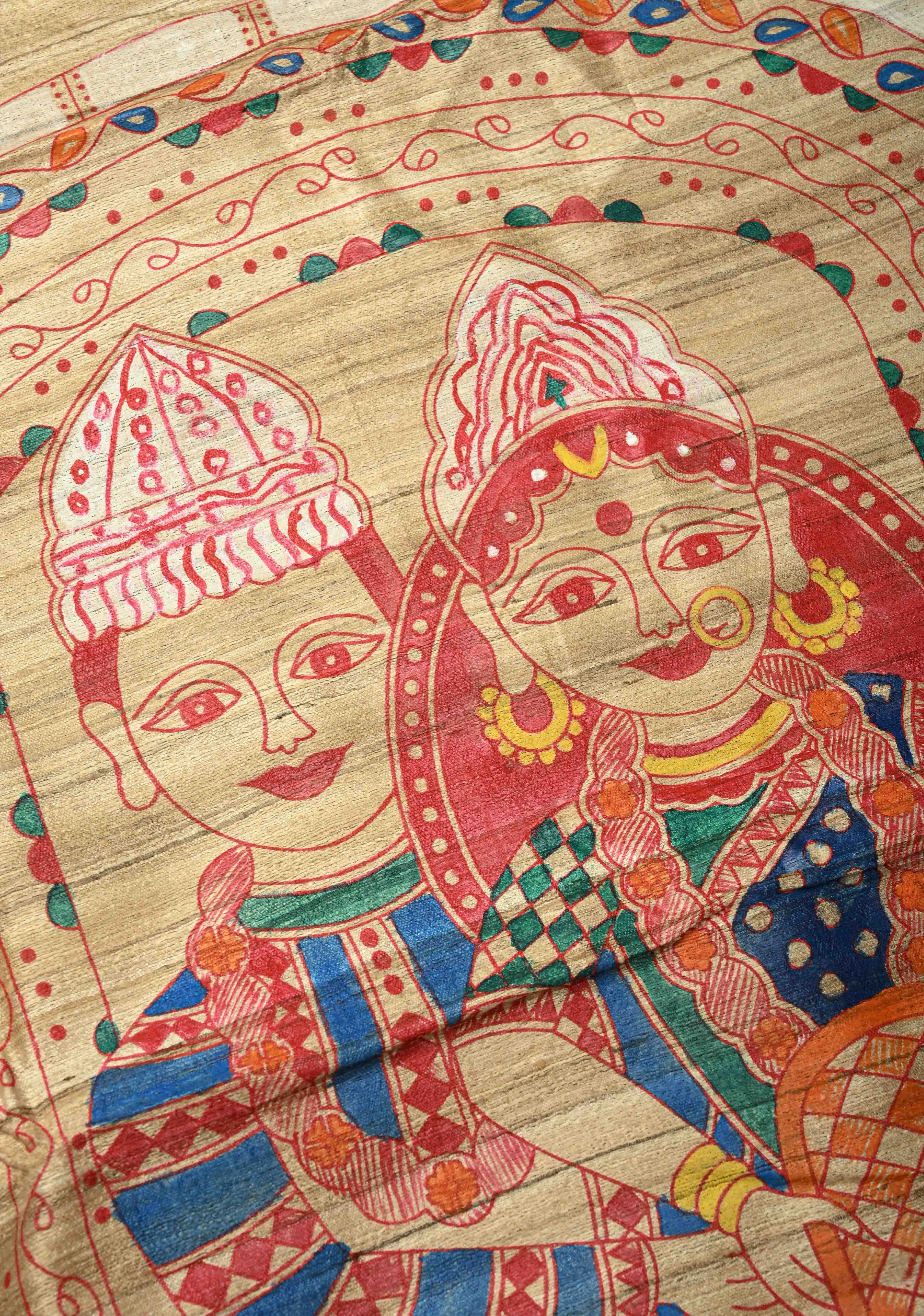 Kora Color Pure Handloom Tussar Silk Saree with Bengali Shaadi Madhubani Hand-Painted | SILK MARK CERTIFIED | Shobitam