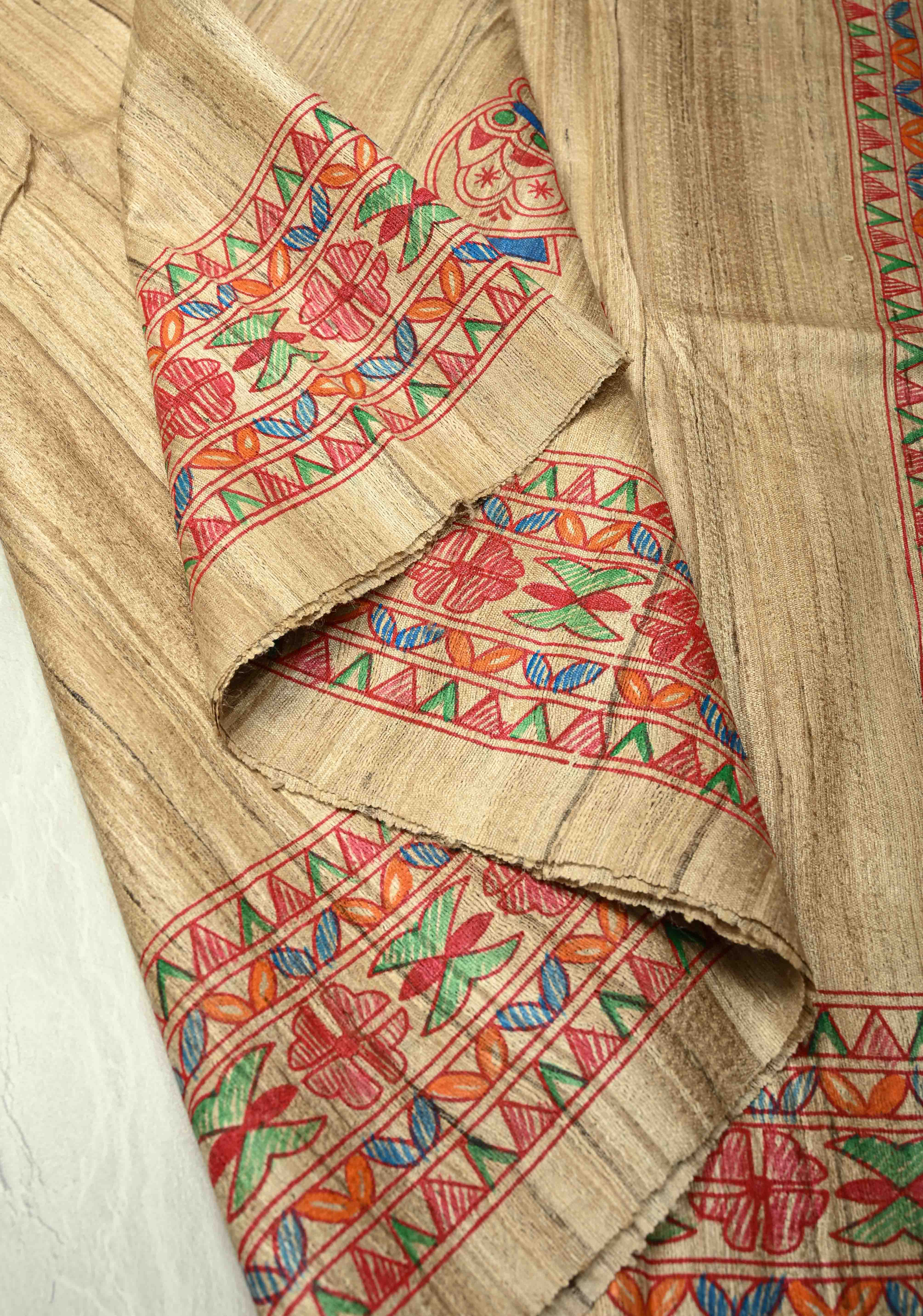 Kora Color Pure Handloom Tussar Silk Saree with Bengali Shaadi Madhubani Hand-Painted | SILK MARK CERTIFIED | Shobitam