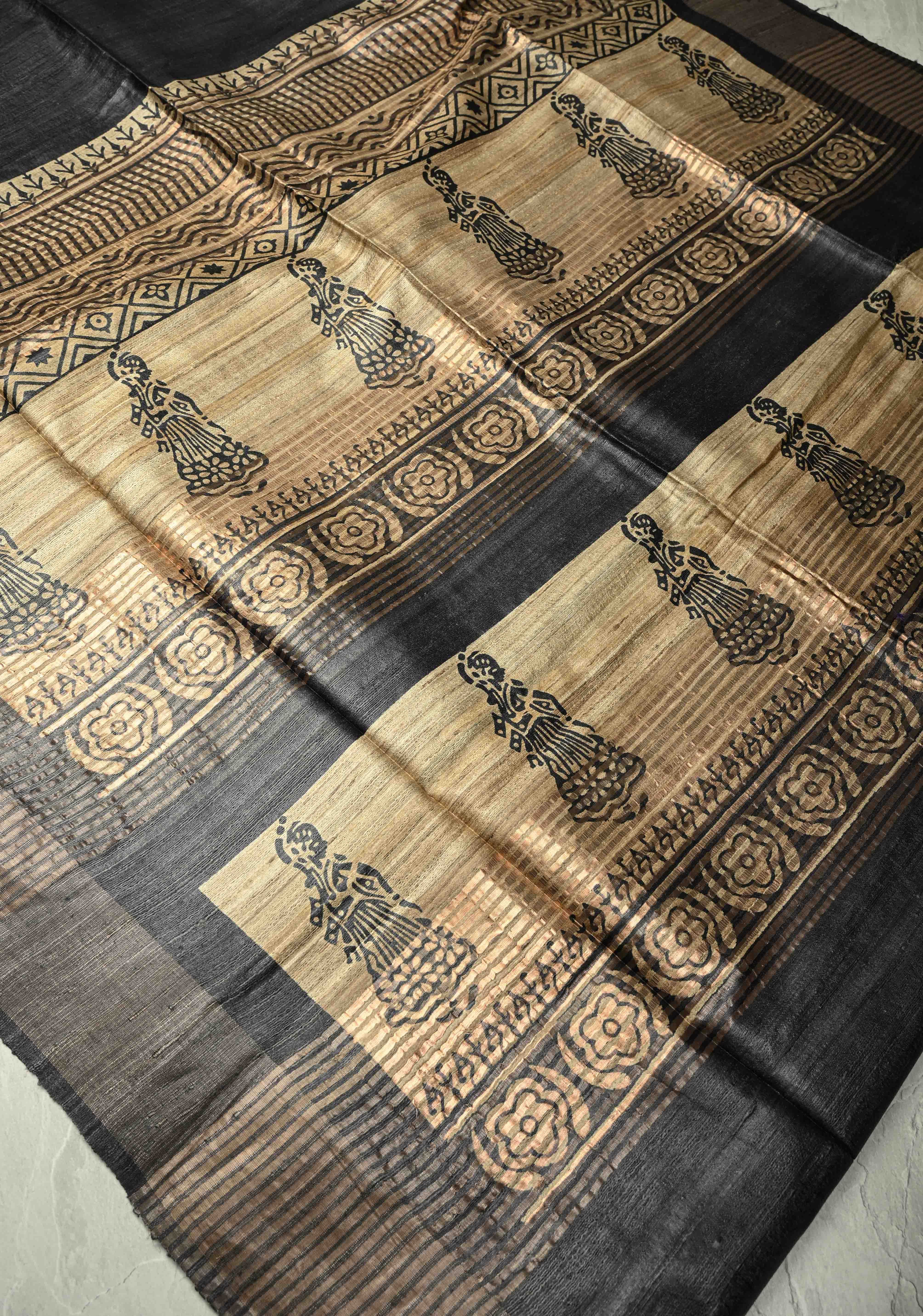 Black Authentic Hand Block Print on Tussar Silk Saree | SILK MARK CERTIFIED | Shobitam