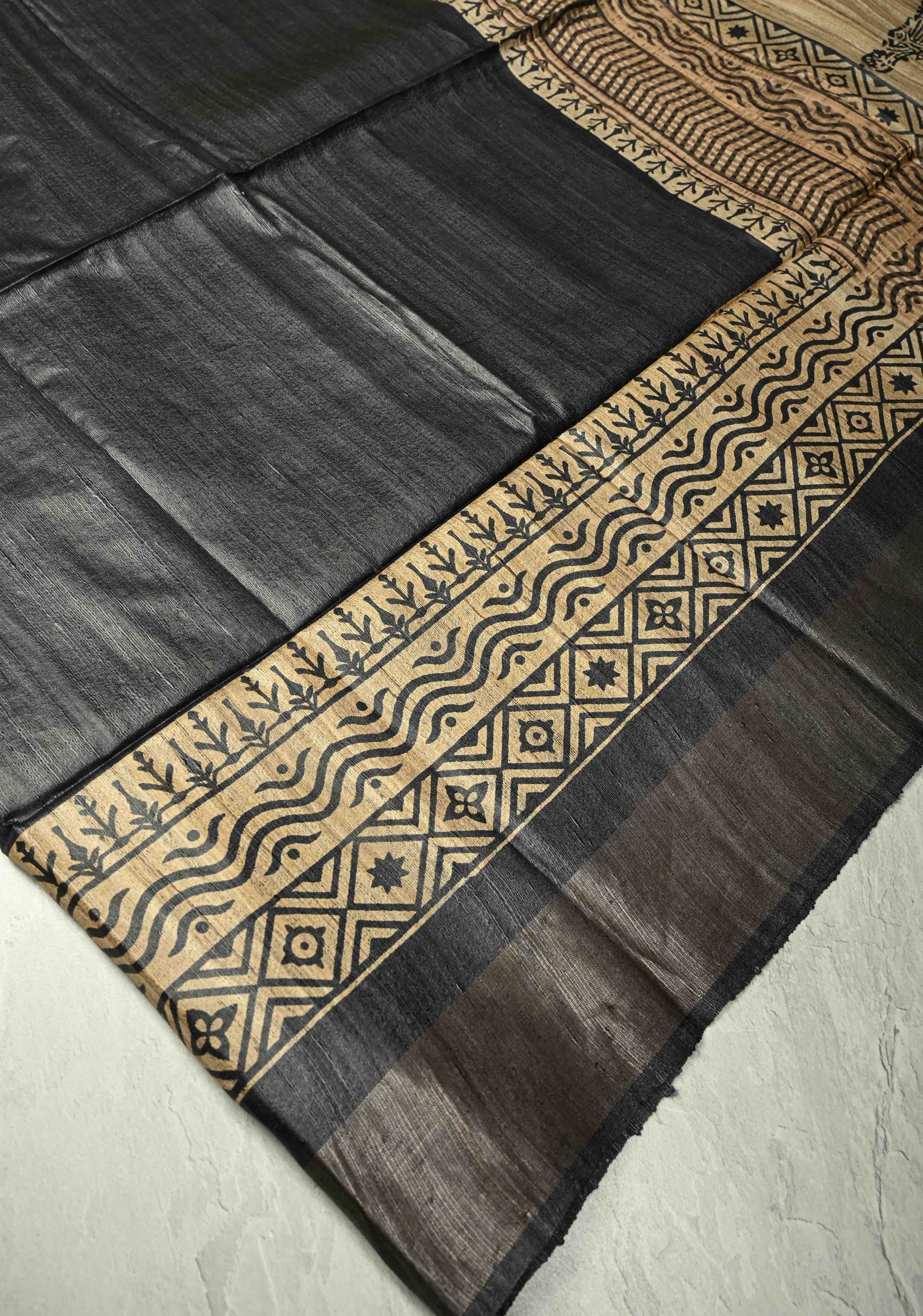 Black Authentic Hand Block Print on Tussar Silk Saree | SILK MARK CERTIFIED | Shobitam