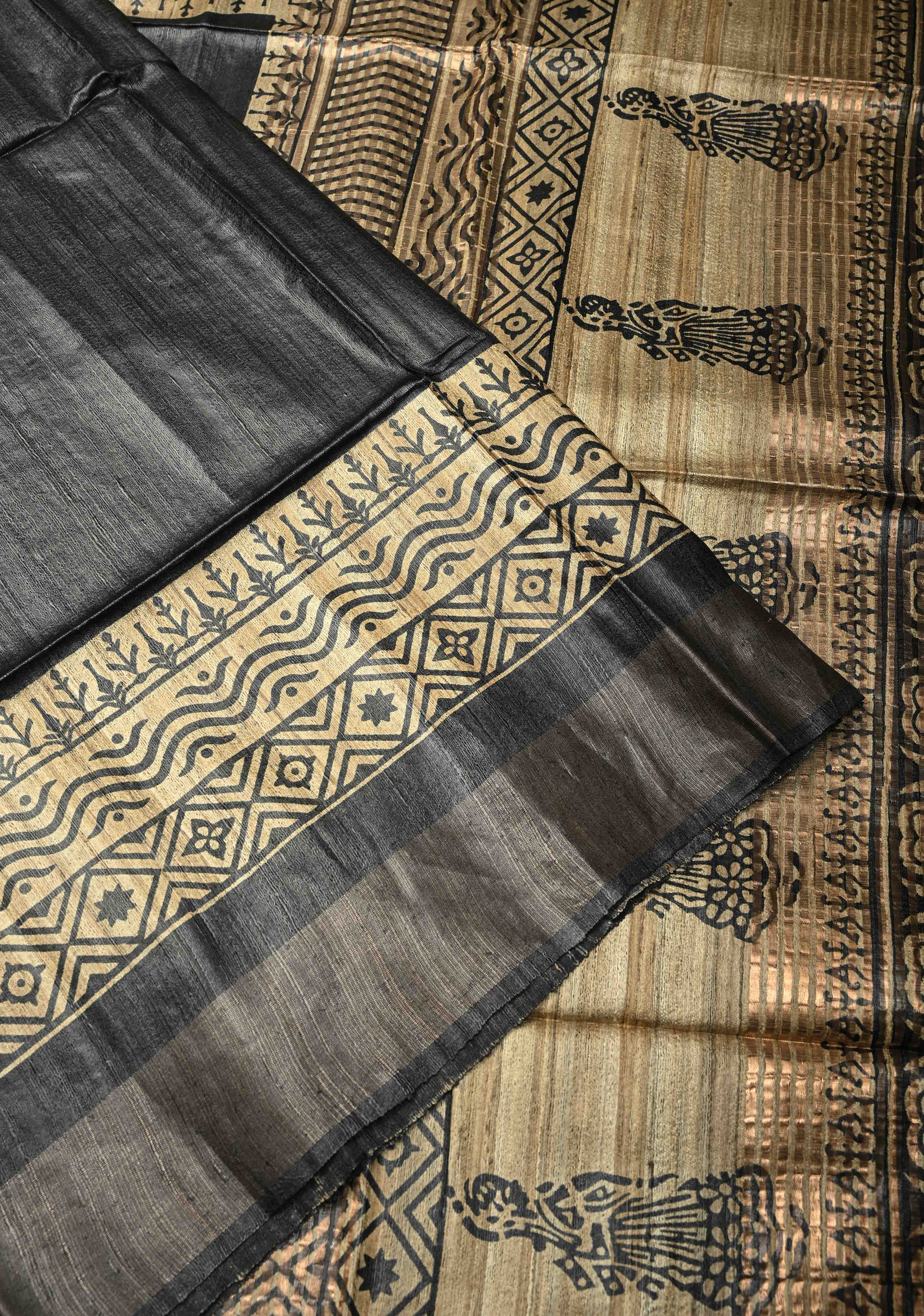 Black Authentic Hand Block Print on Tussar Silk Saree | SILK MARK CERTIFIED | Shobitam