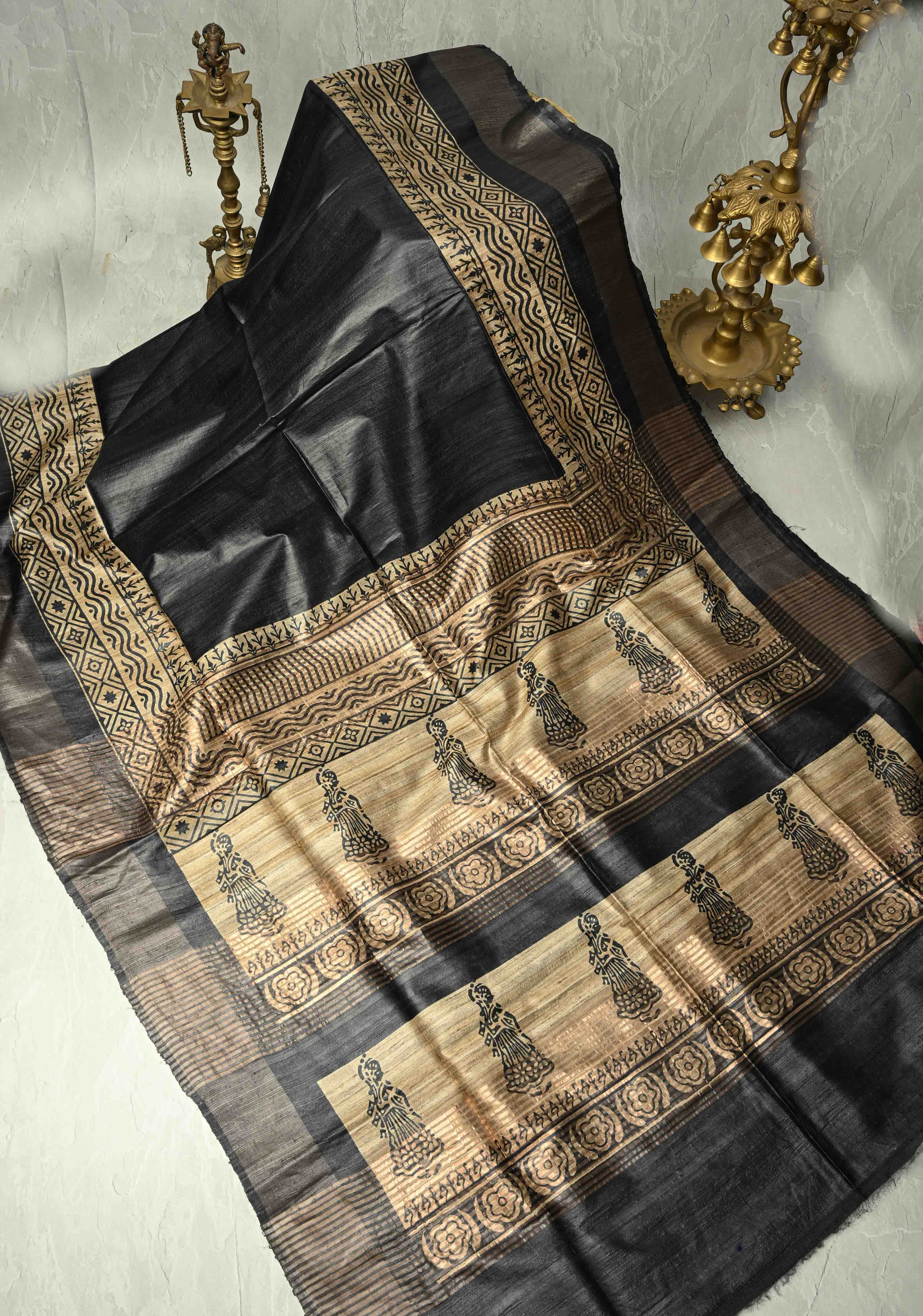 Black Authentic Hand Block Print on Tussar Silk Saree | SILK MARK CERTIFIED | Shobitam