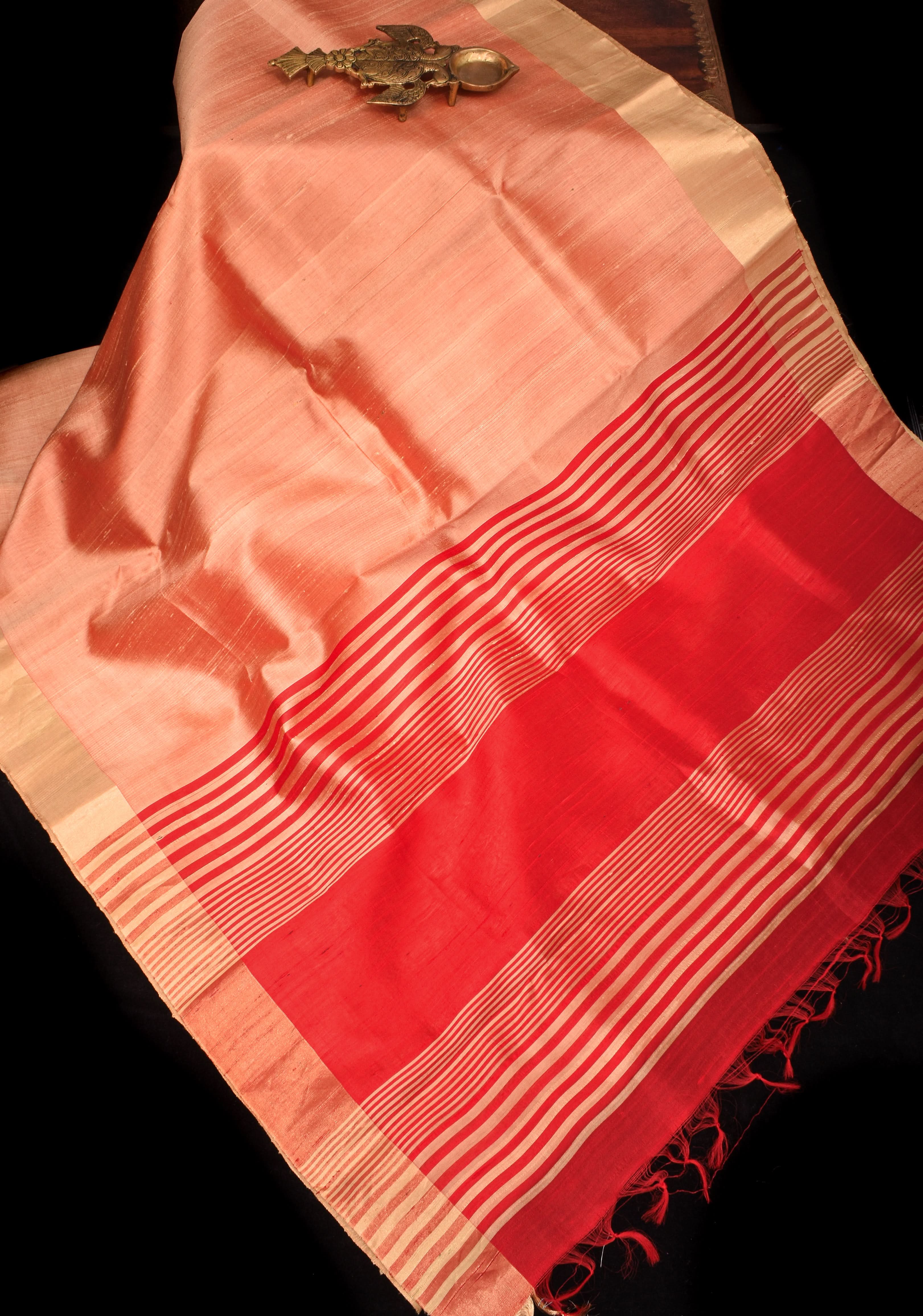 Pure Raw Silk Saree in Coral with Tissue Zari Red Border | SILK MARK CERTIFIED | Shobitam