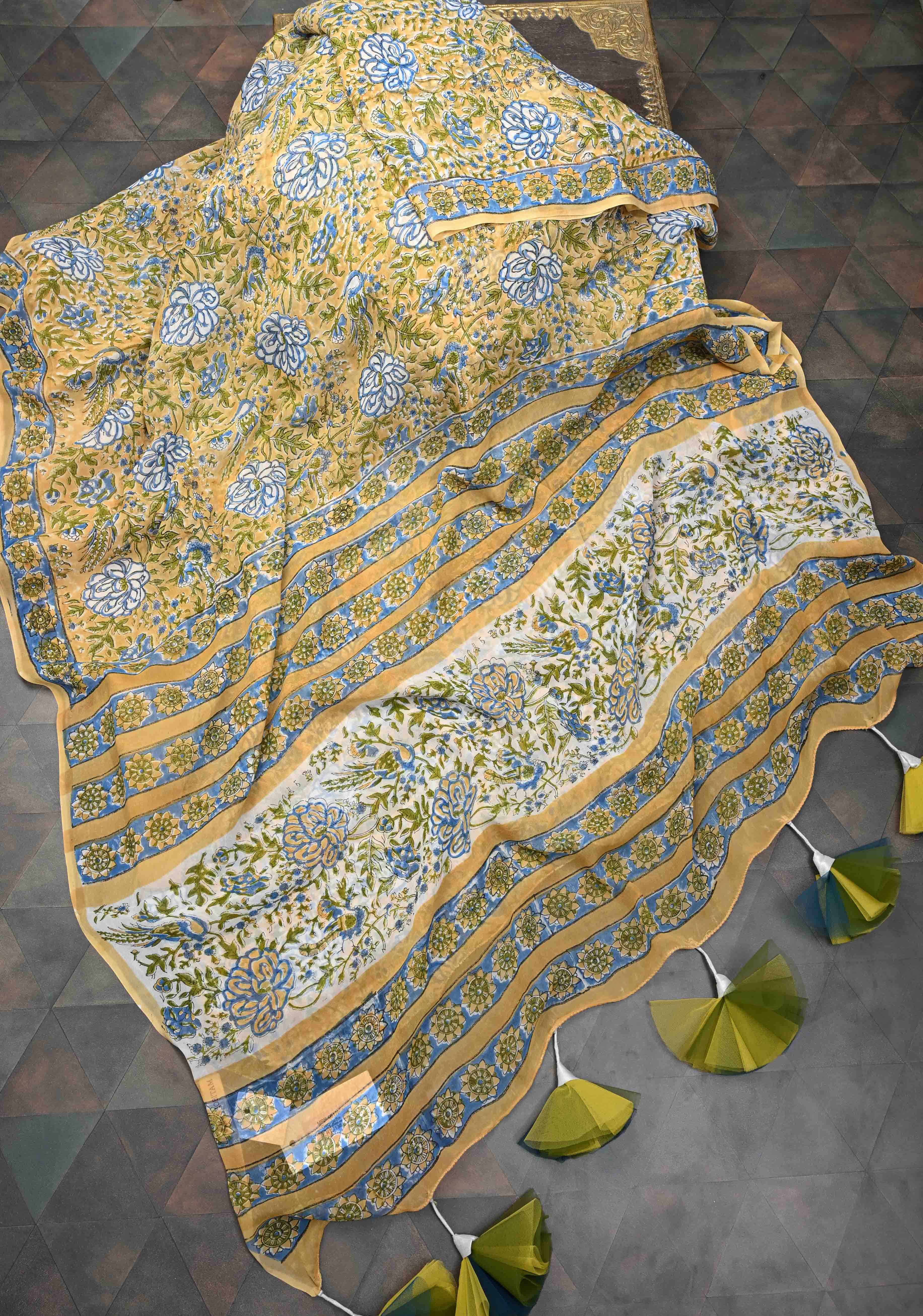 Pale Mustard Georgette Saree with Sanganeri Hand Block Print and long net tassels