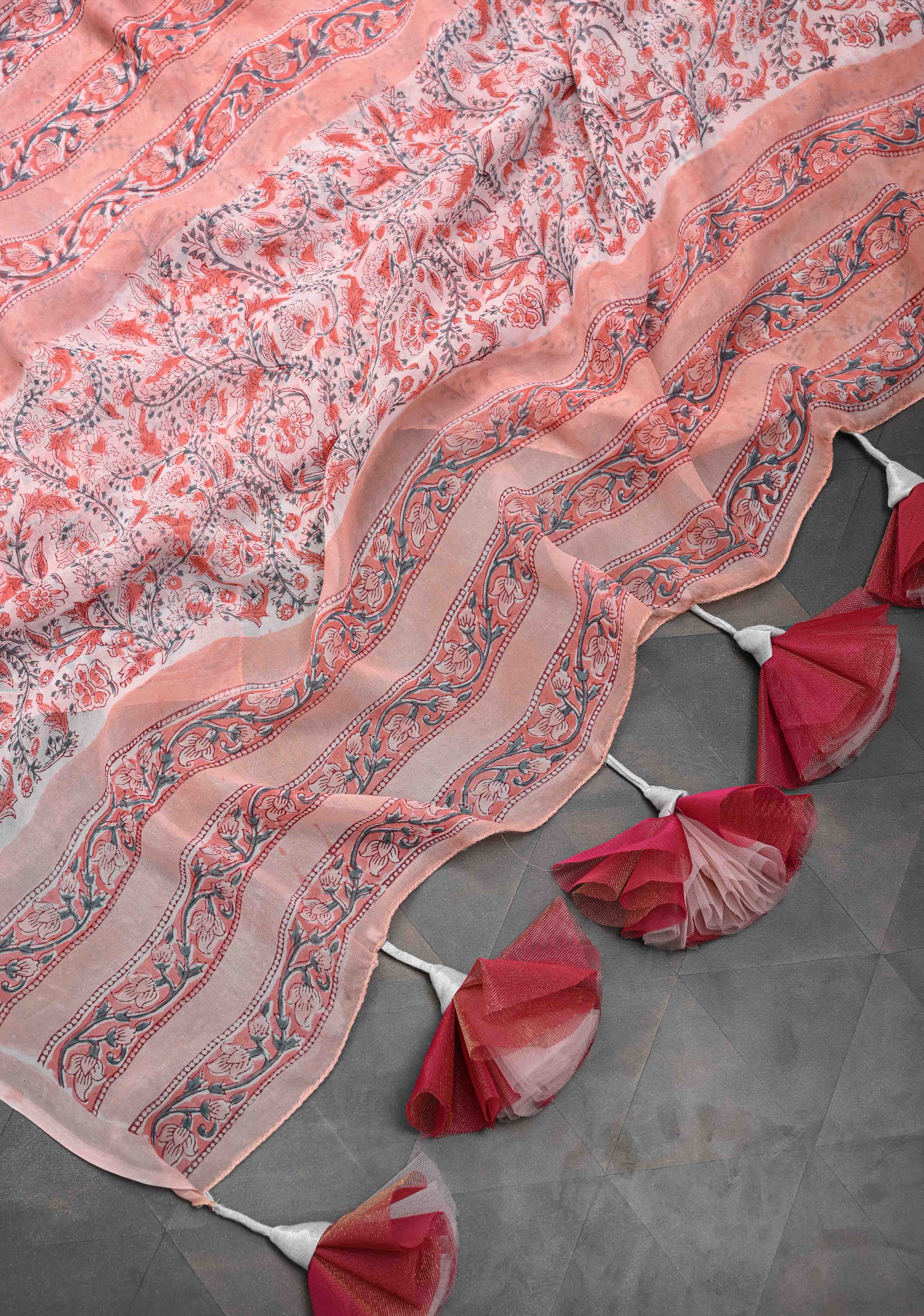 Peach Pink Georgette Saree with Sanganeri Hand Block Print with long net tassels | Shobitam