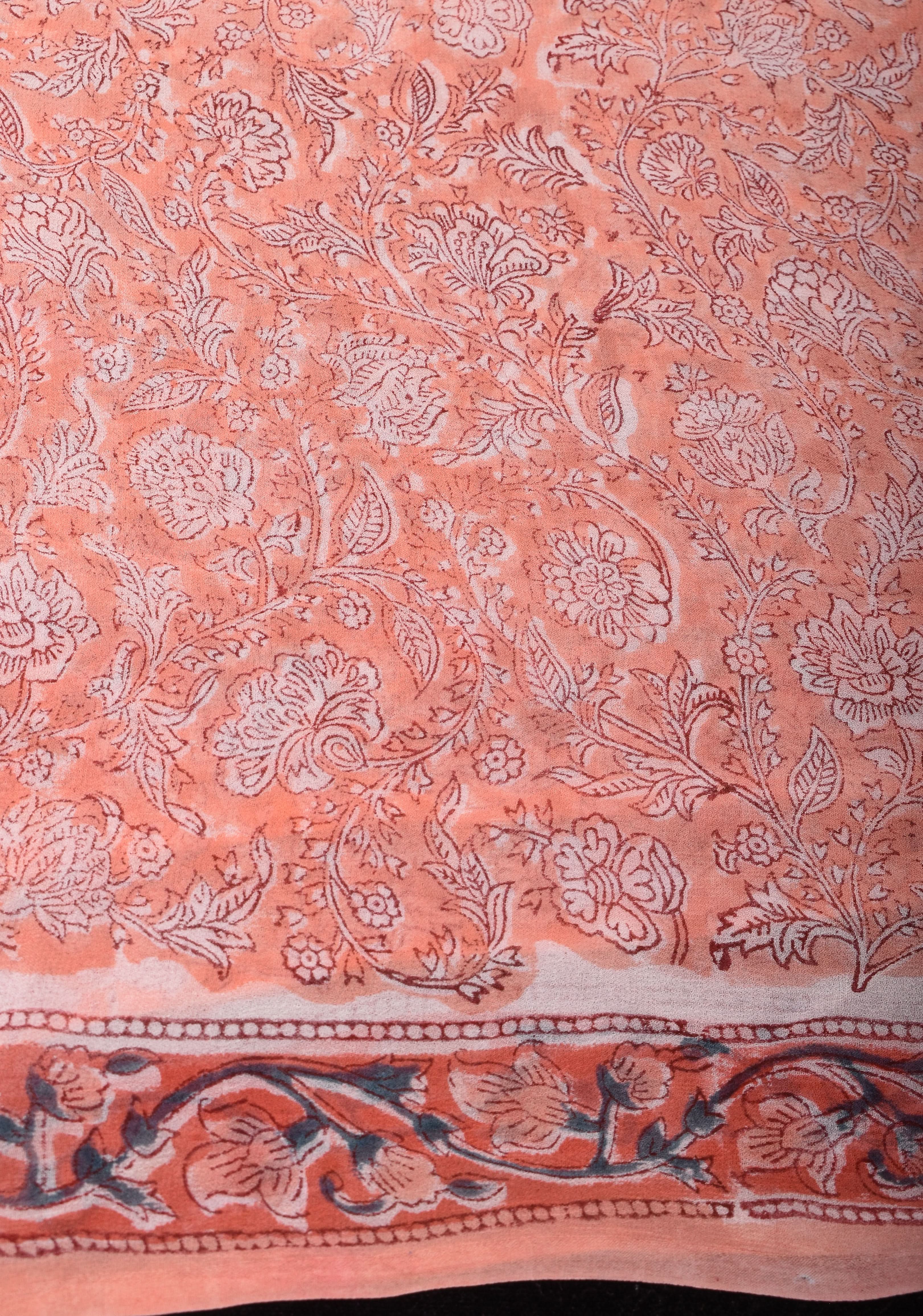 Peach Pink Georgette Saree with Sanganeri Hand Block Print with long net tassels | Shobitam