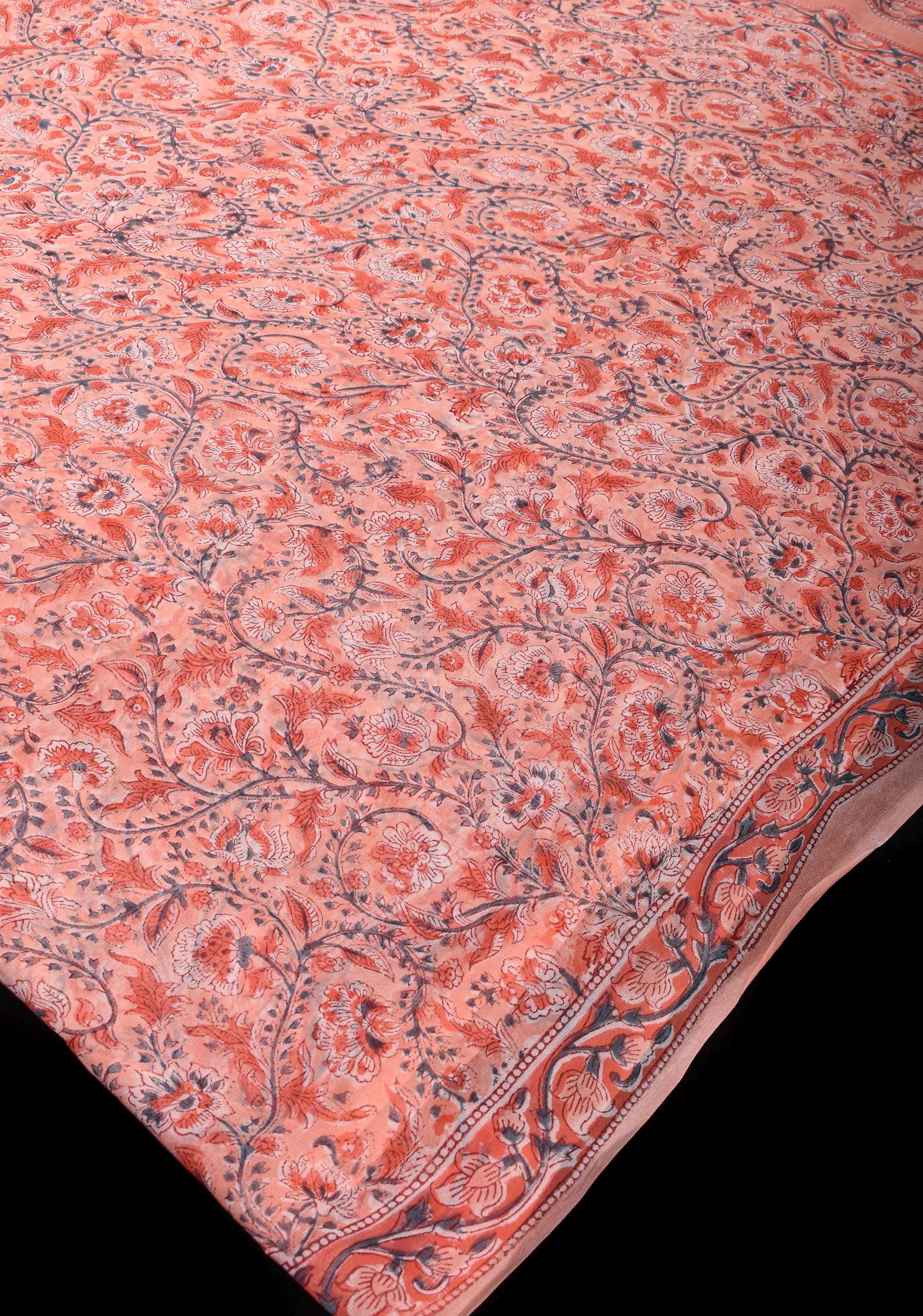 Peach Pink Georgette Saree with Sanganeri Hand Block Print with long net tassels | Shobitam