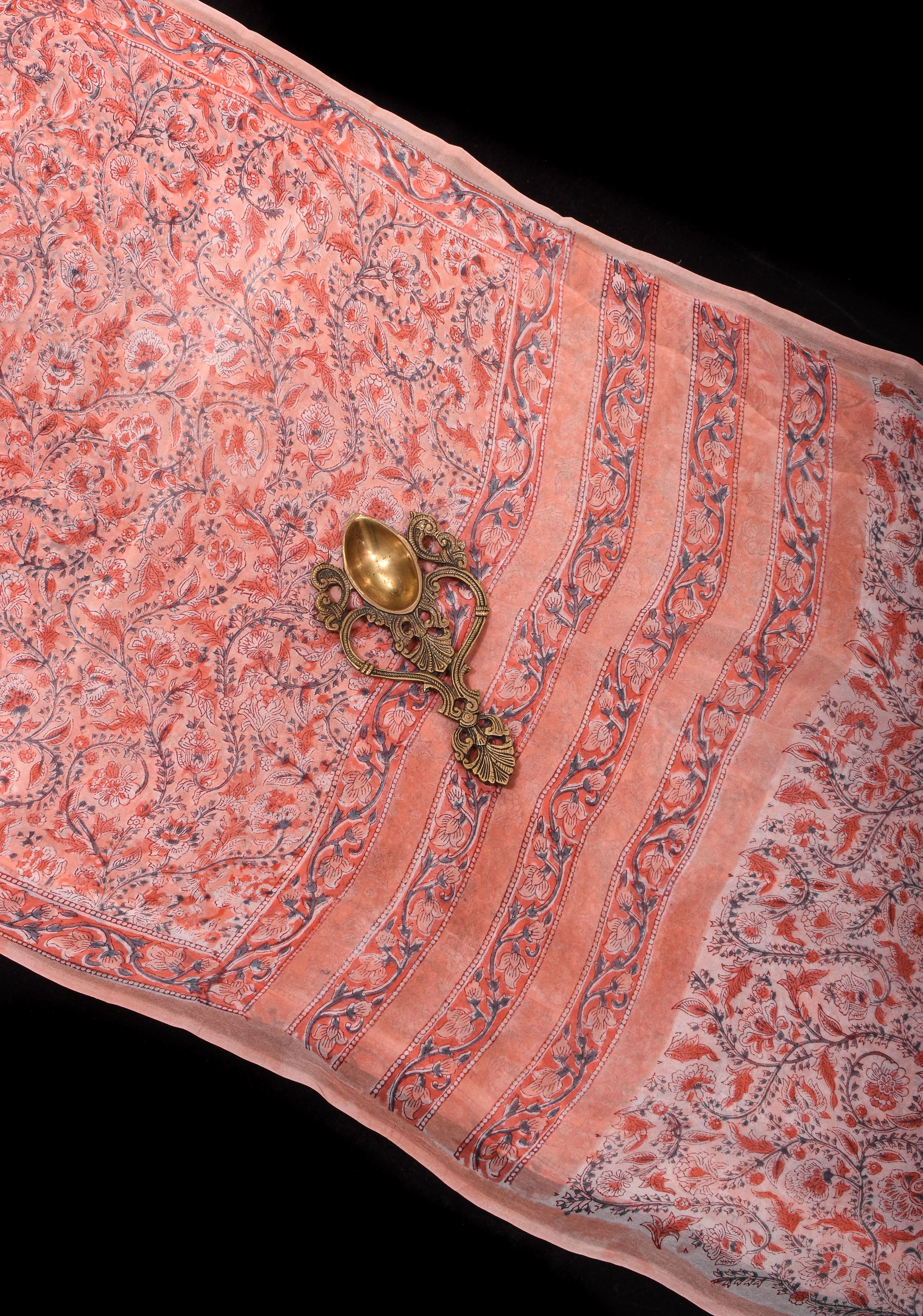 Peach Pink Georgette Saree with Sanganeri Hand Block Print with long net tassels | Shobitam