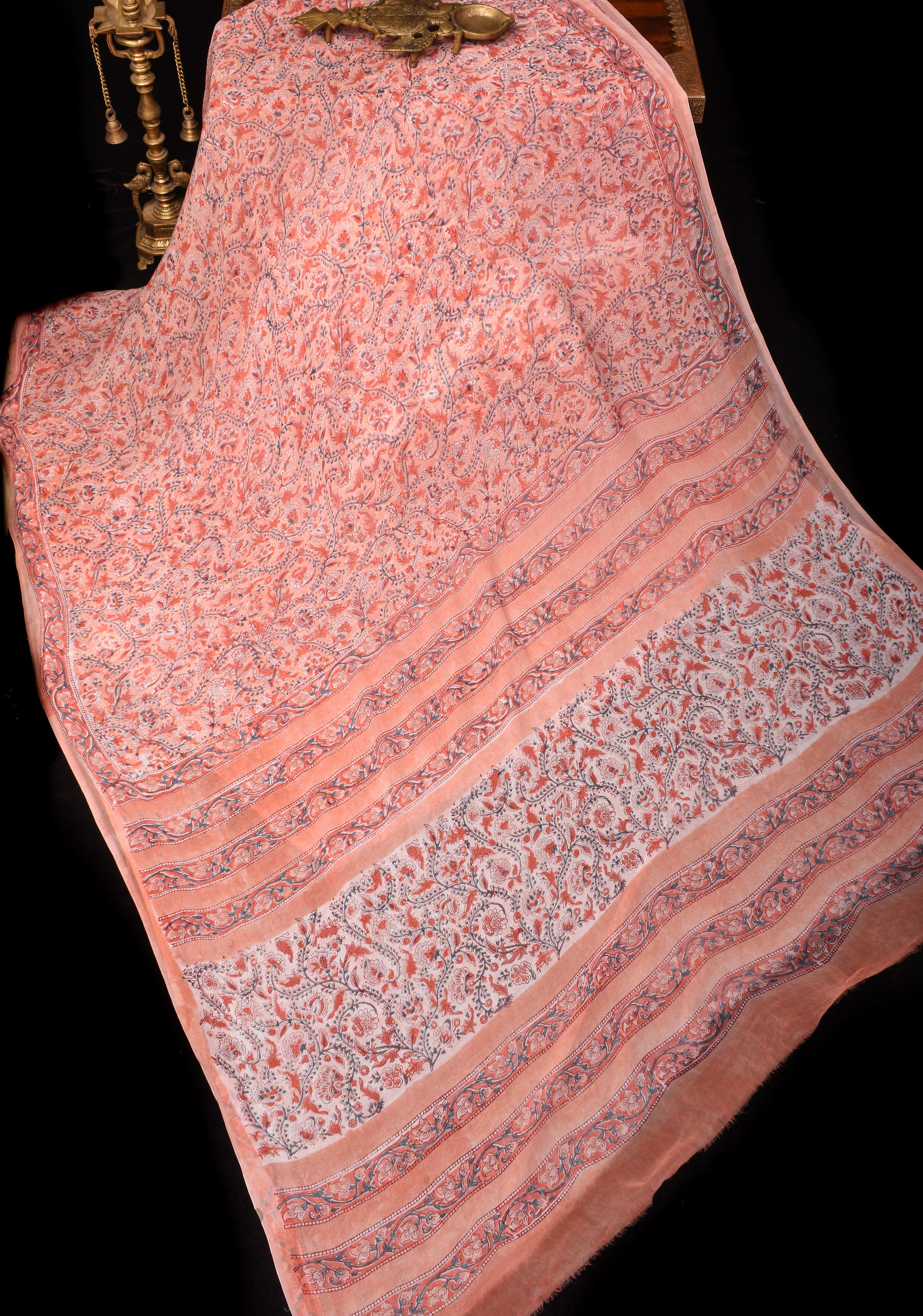 Peach Pink Georgette Saree with Sanganeri Hand Block Print with long net tassels | Shobitam