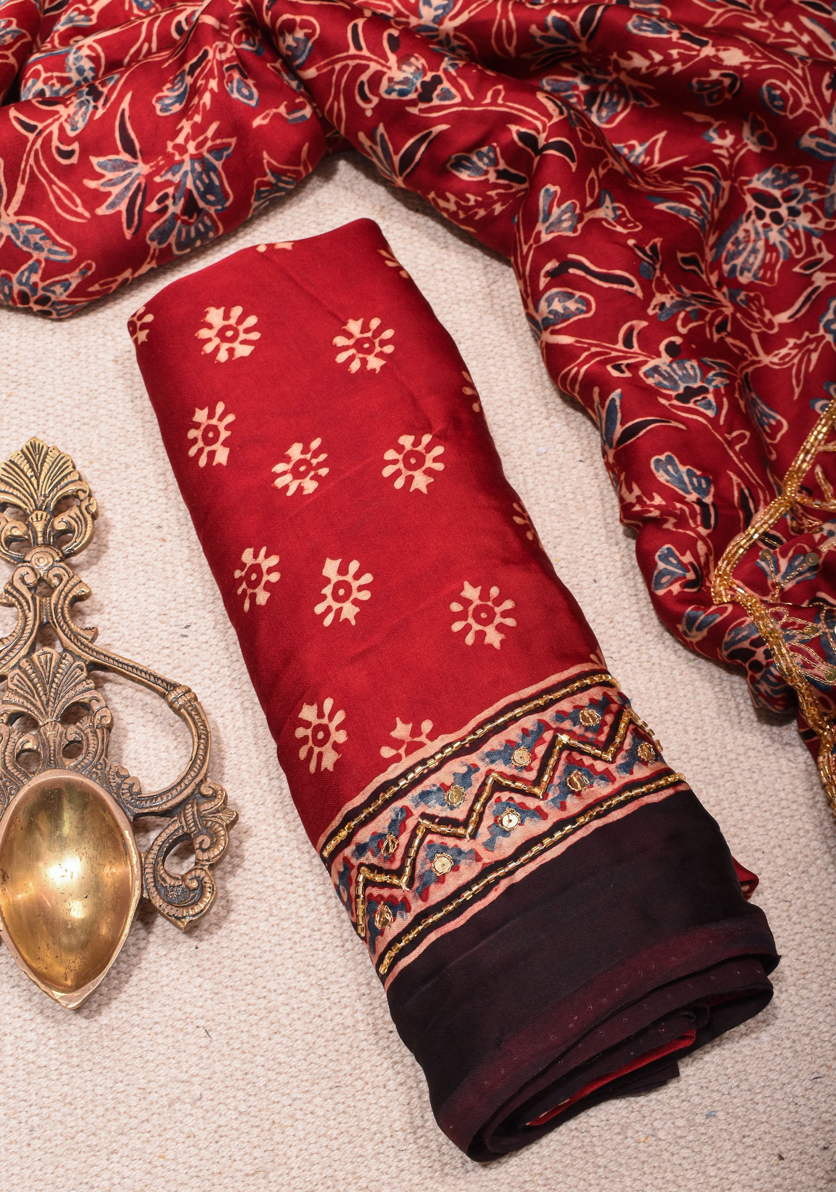 Red Ajrakh Hand Block Print on Modal Silk Saree with Cutdana & Sequins Work | Shobitam